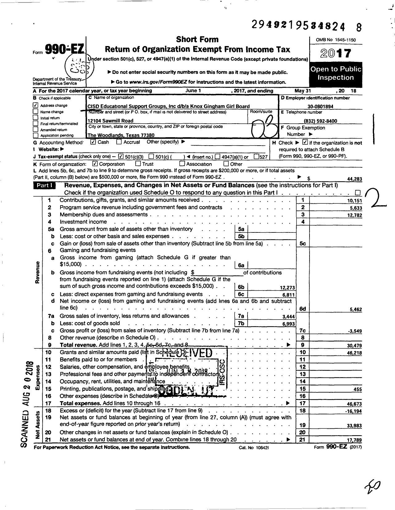 Image of first page of 2017 Form 990EZ for Cisd Educational Support Groups / Knox Gingham Girls Board