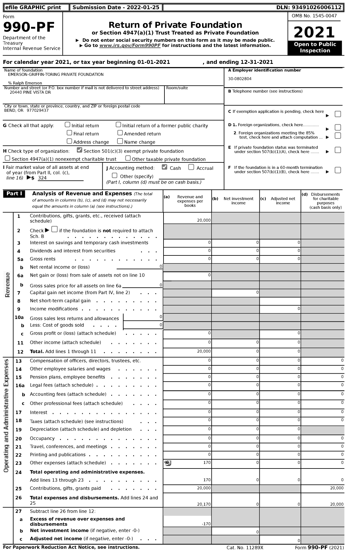 Image of first page of 2021 Form 990PF for Emerson-Griffin-Toring Private Foundation