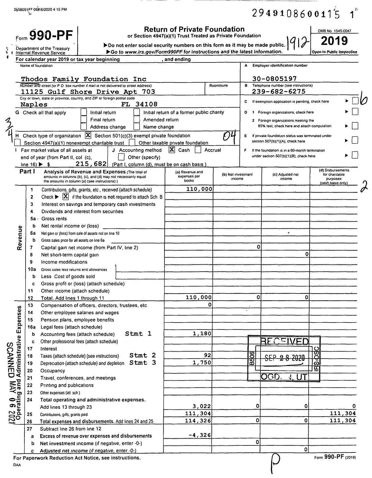 Image of first page of 2019 Form 990PF for Thodos Family Foundation Incorporated