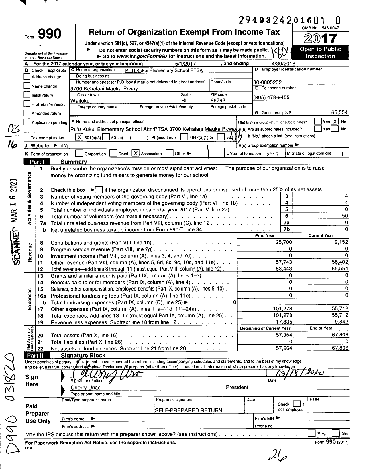 Image of first page of 2017 Form 990 for Puu Kukui Elementary School Ptsa