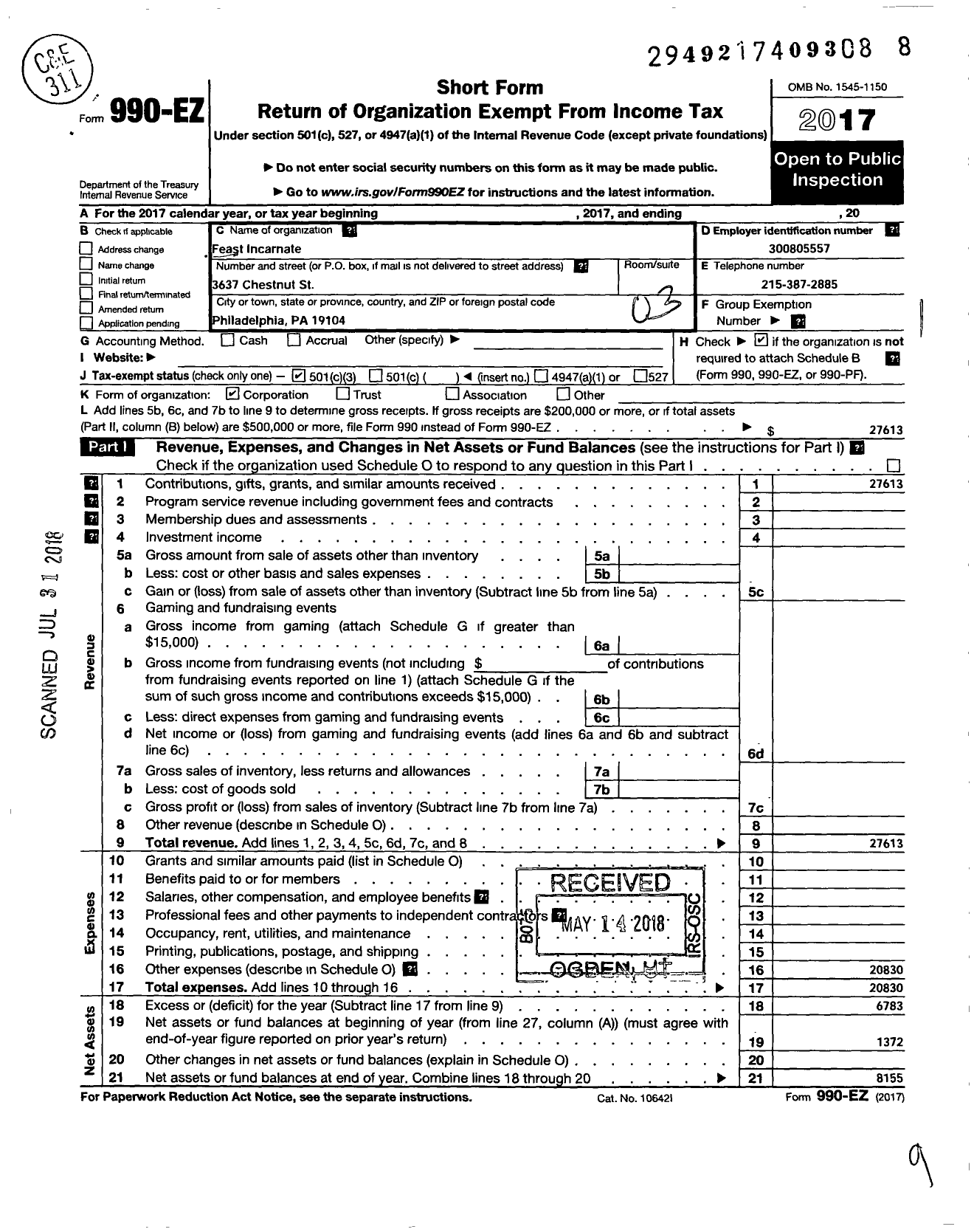 Image of first page of 2017 Form 990EZ for Feast Incarnate