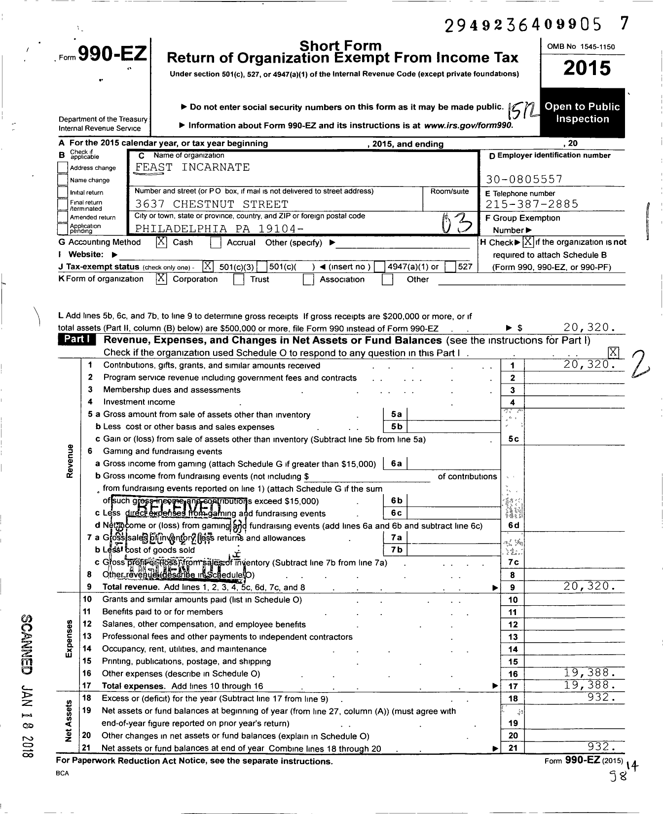 Image of first page of 2015 Form 990EZ for Feast Incarnate