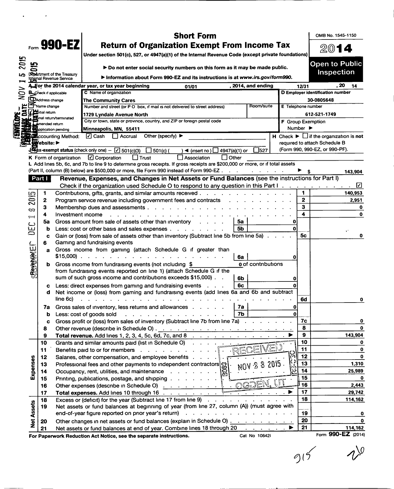 Image of first page of 2014 Form 990EZ for Community Cares