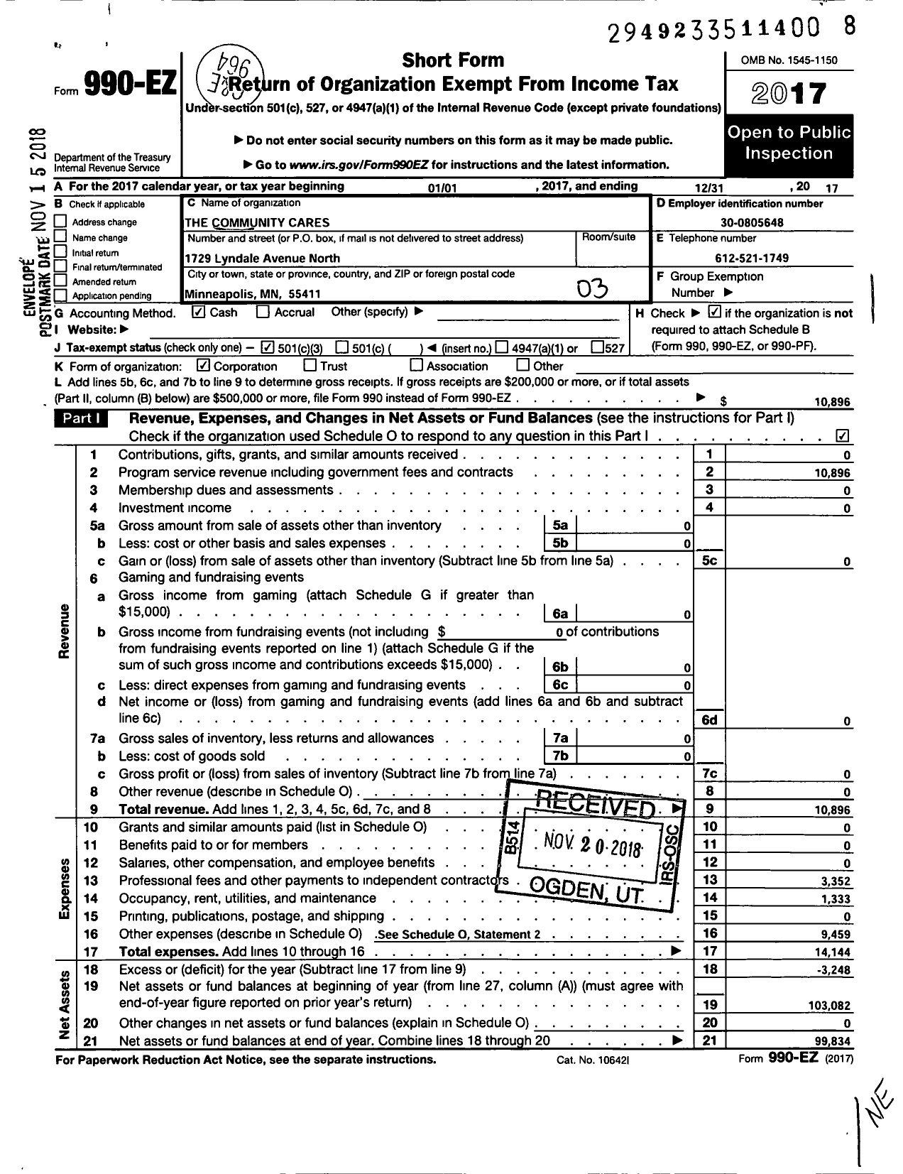 Image of first page of 2017 Form 990EZ for Community Cares