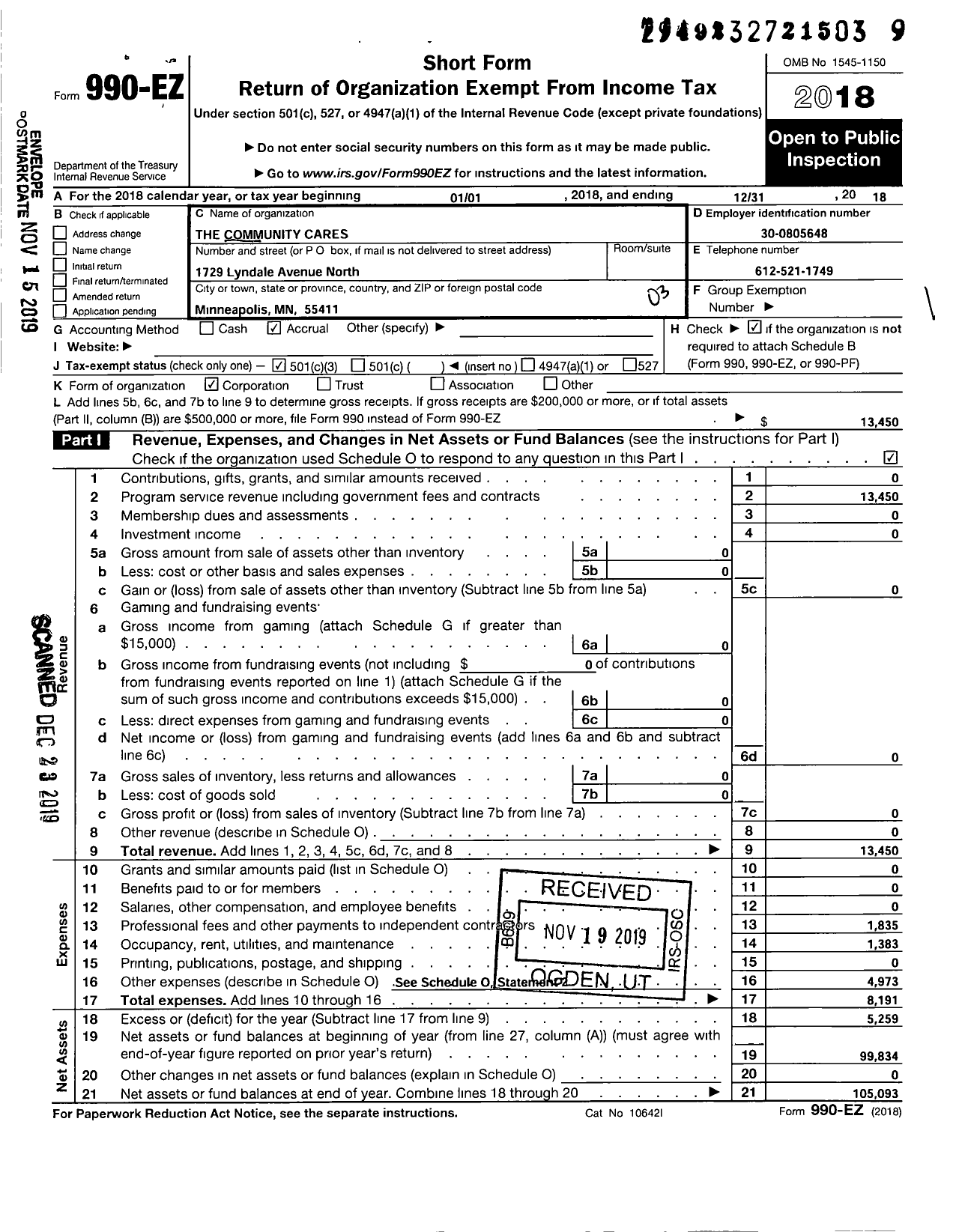 Image of first page of 2018 Form 990EZ for Community Cares