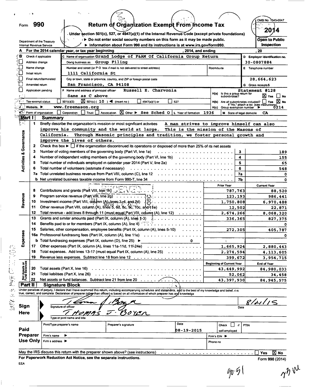 Image of first page of 2014 Form 990O for Masons of California - Group Return