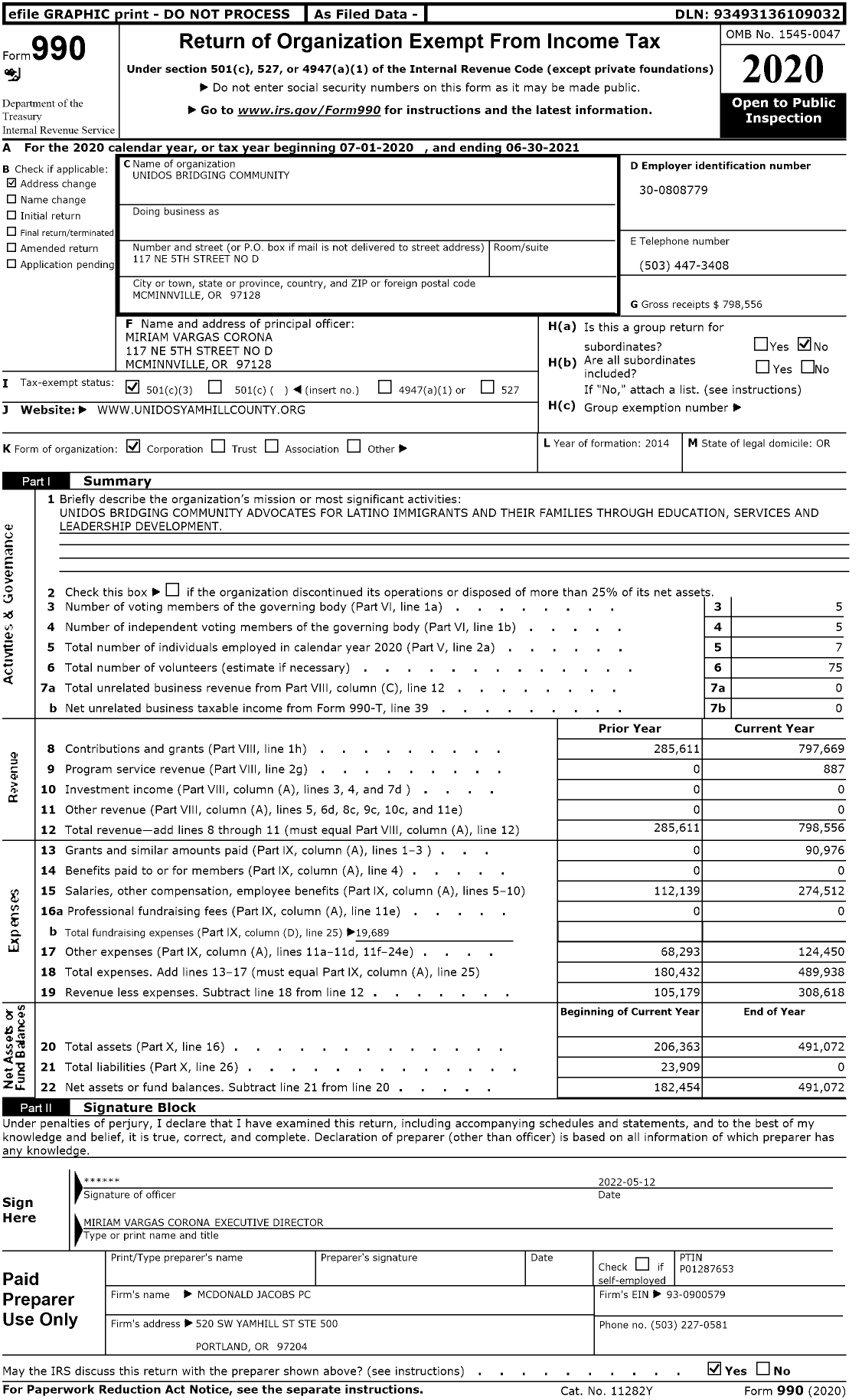 Image of first page of 2020 Form 990 for Unidos Bridging Community