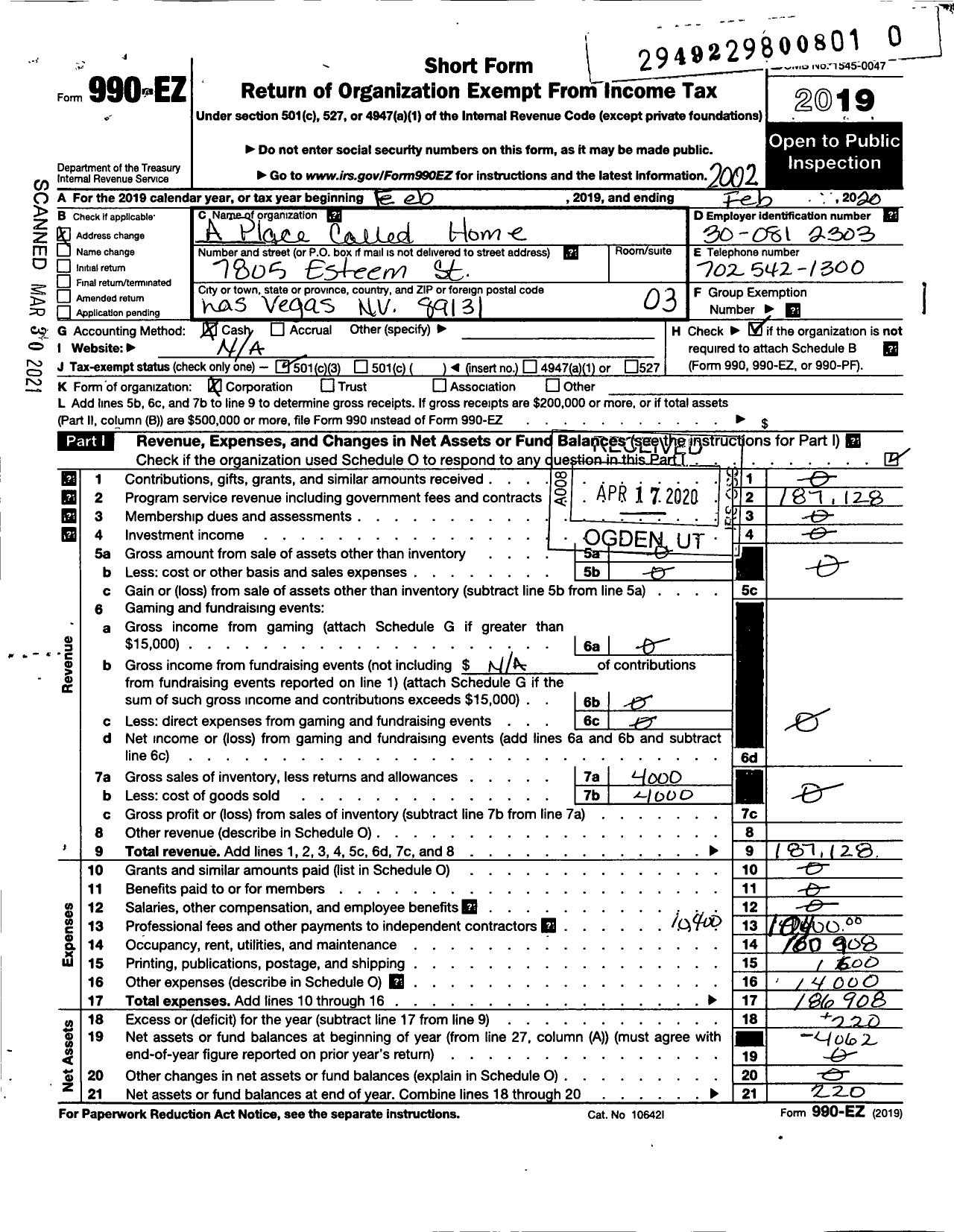 Image of first page of 2019 Form 990EZ for A Place Called Home