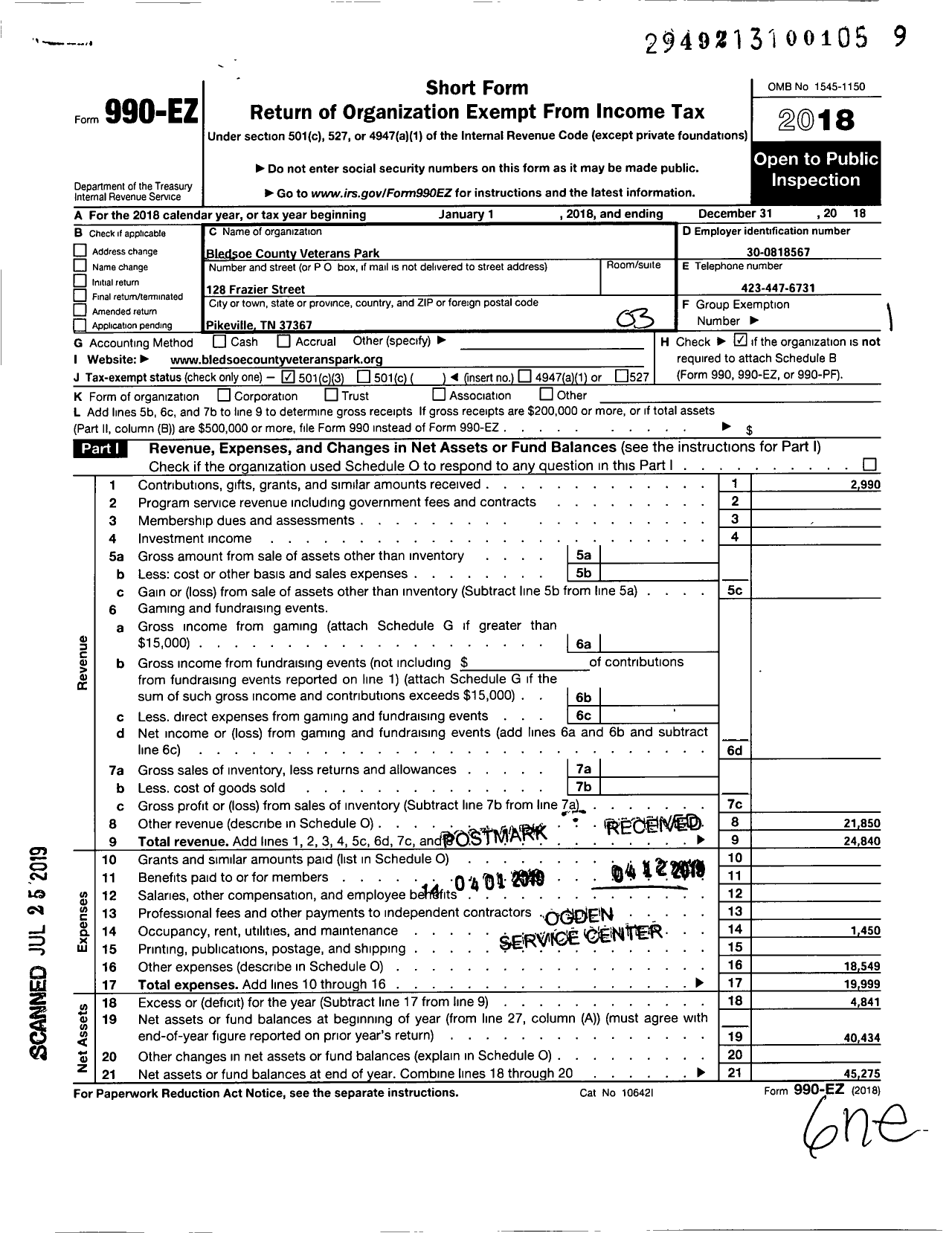 Image of first page of 2018 Form 990EZ for Bledsoe County Veterans Park