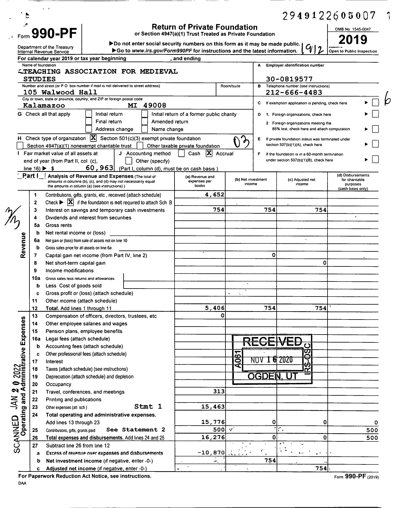 Image of first page of 2019 Form 990PF for Teaching Association for Medieval Studies