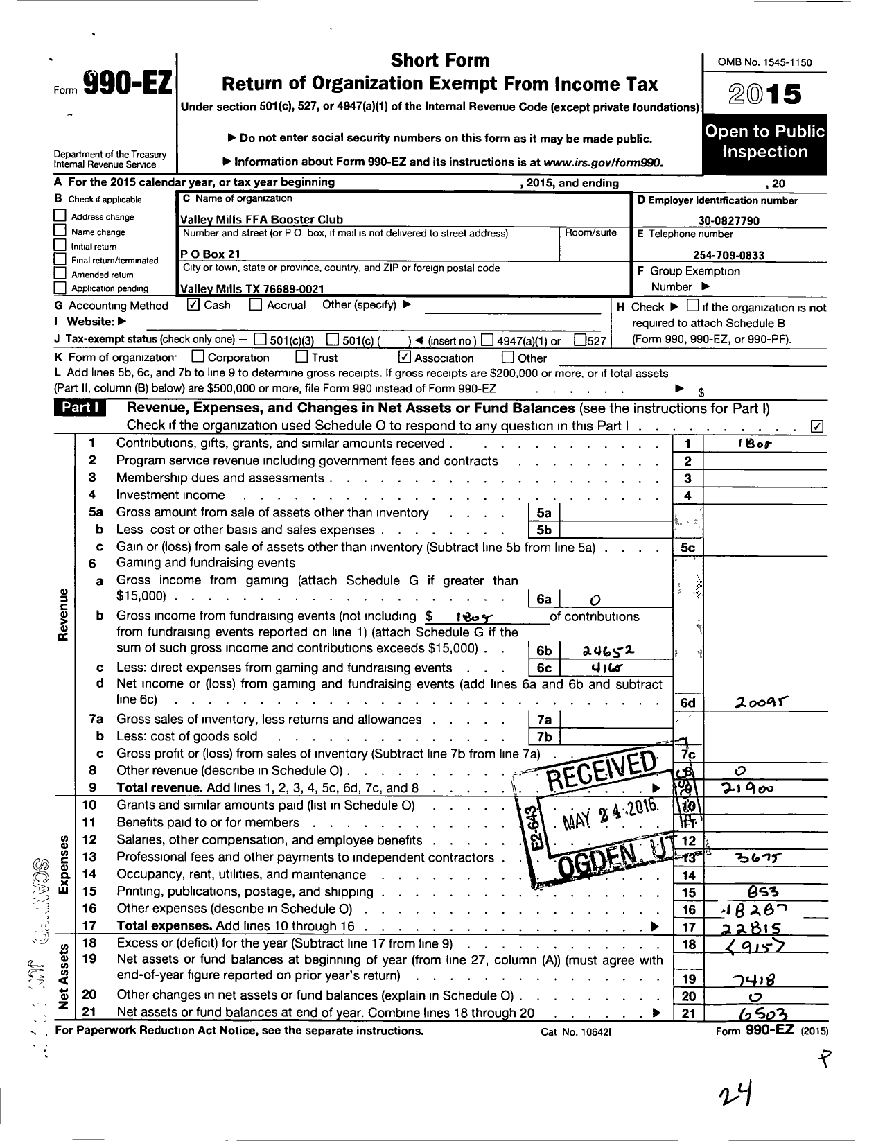 Image of first page of 2015 Form 990EO for Valley Mills Ffa Booster Club