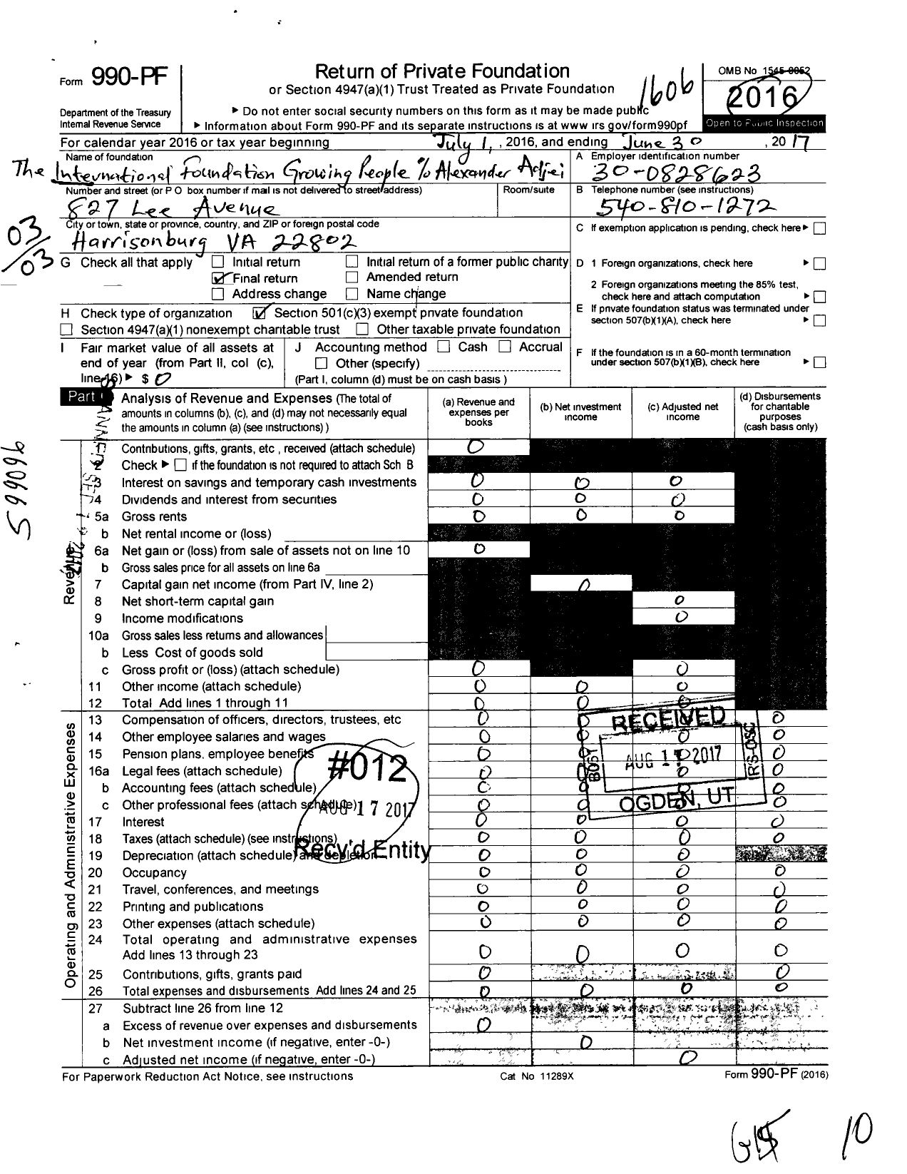 Image of first page of 2015 Form 990PF for The International Foundation Growing People