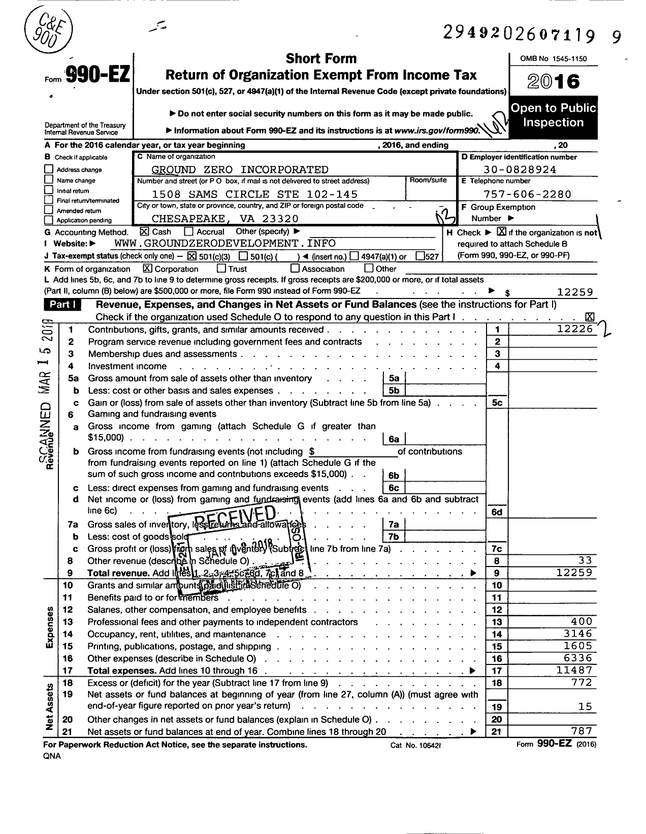 Image of first page of 2016 Form 990EZ for Ground Zero Incorporated