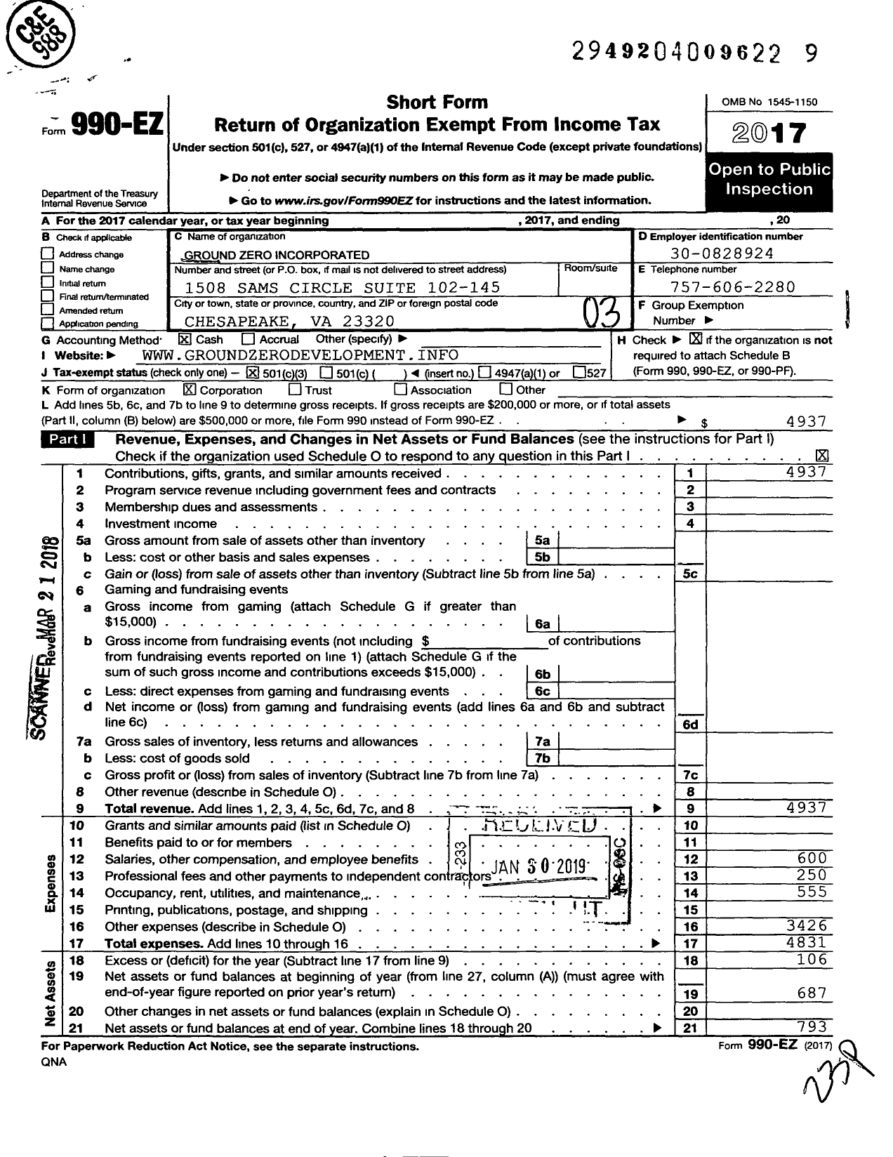 Image of first page of 2017 Form 990EZ for Ground Zero Incorporated