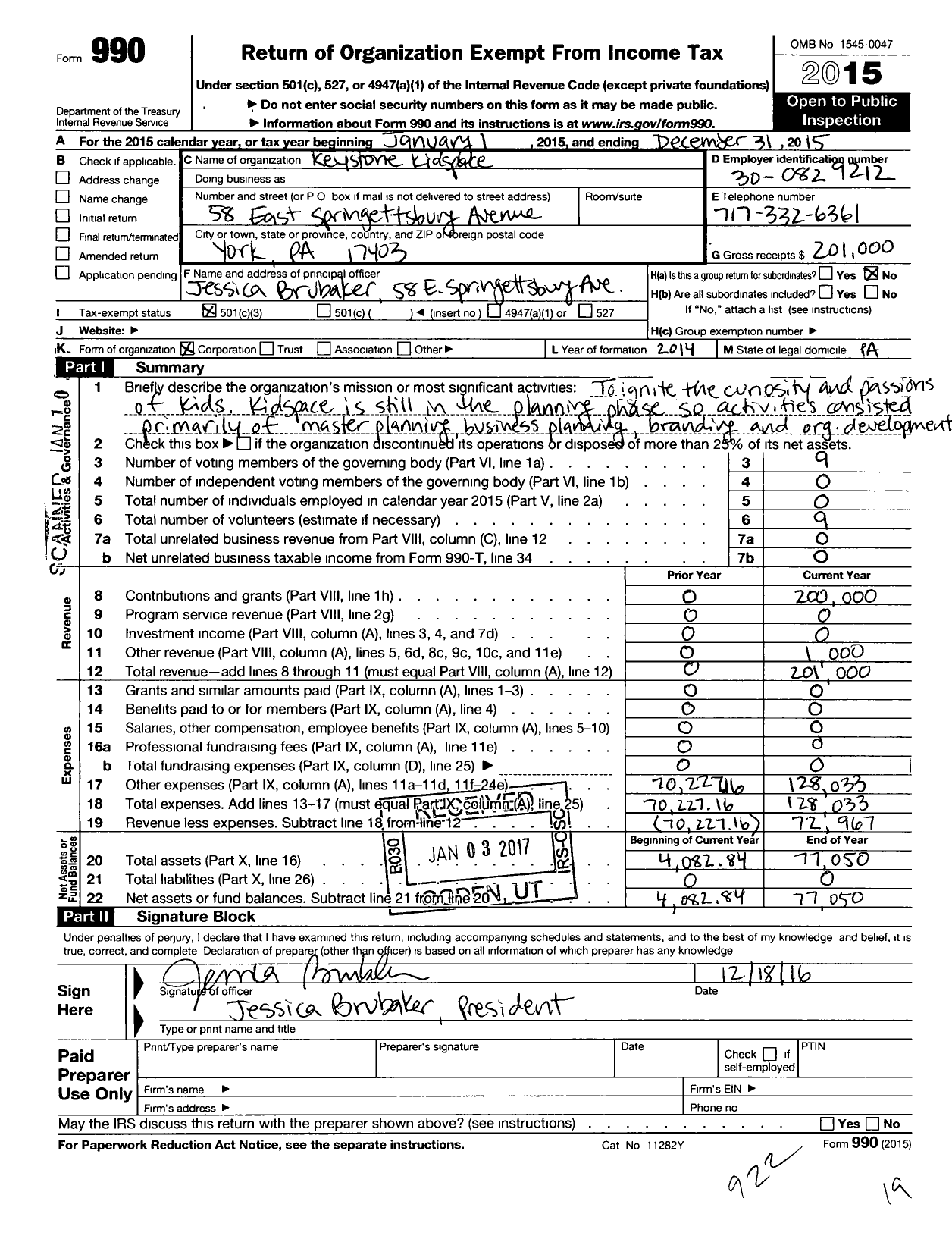 Image of first page of 2015 Form 990 for Keystone Kidspace