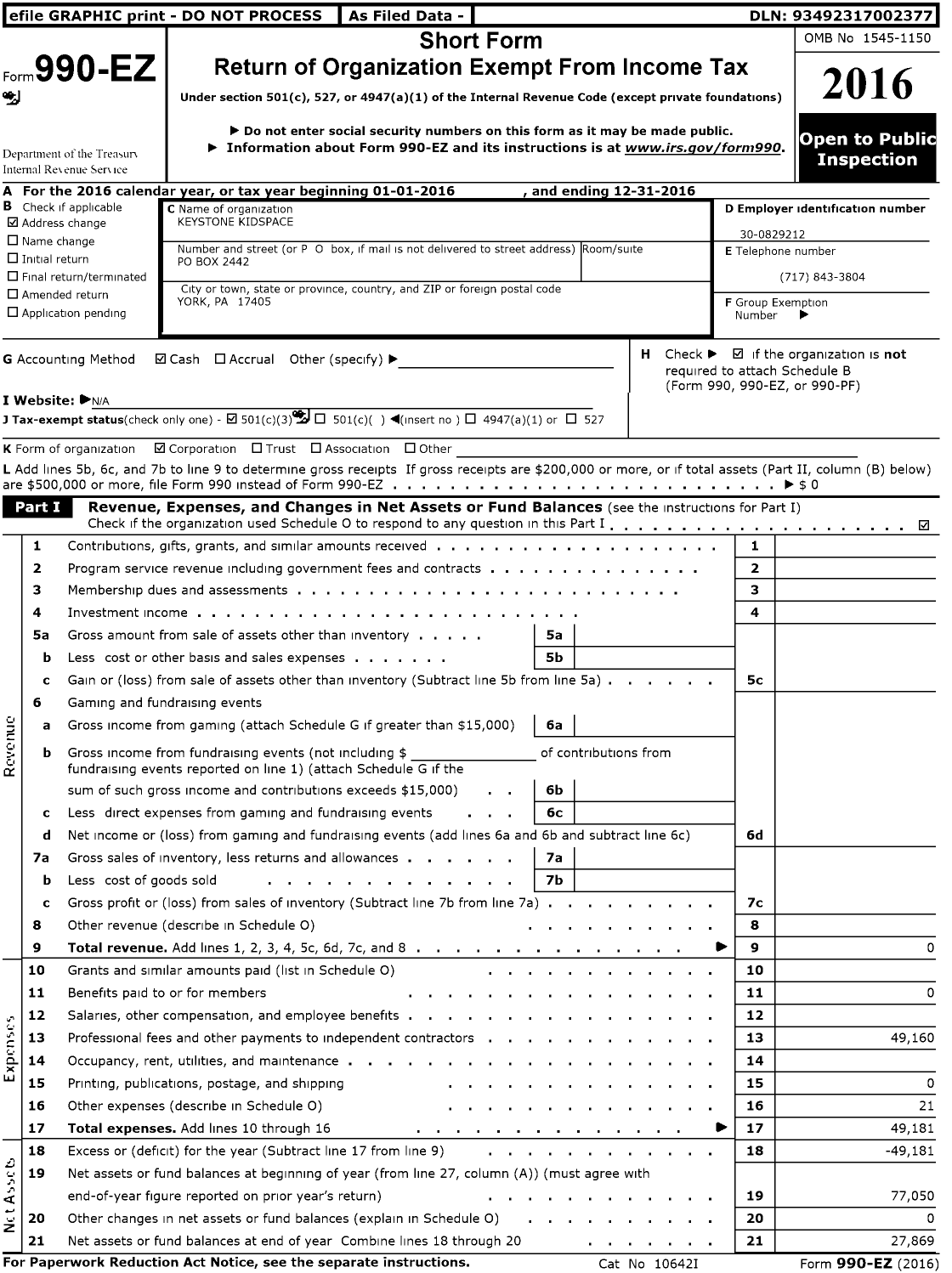 Image of first page of 2016 Form 990EZ for Keystone Kidspace