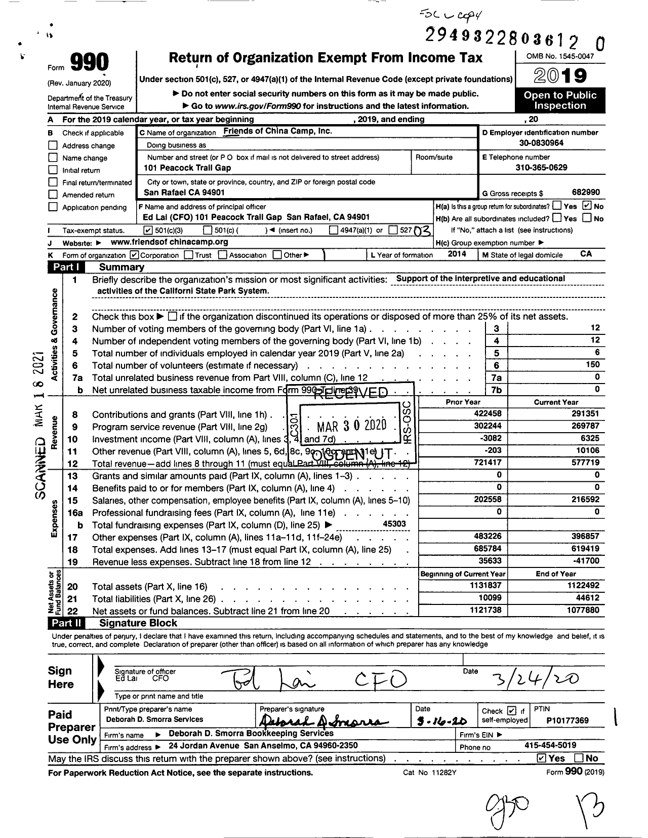 Image of first page of 2019 Form 990 for Friends of China Camp