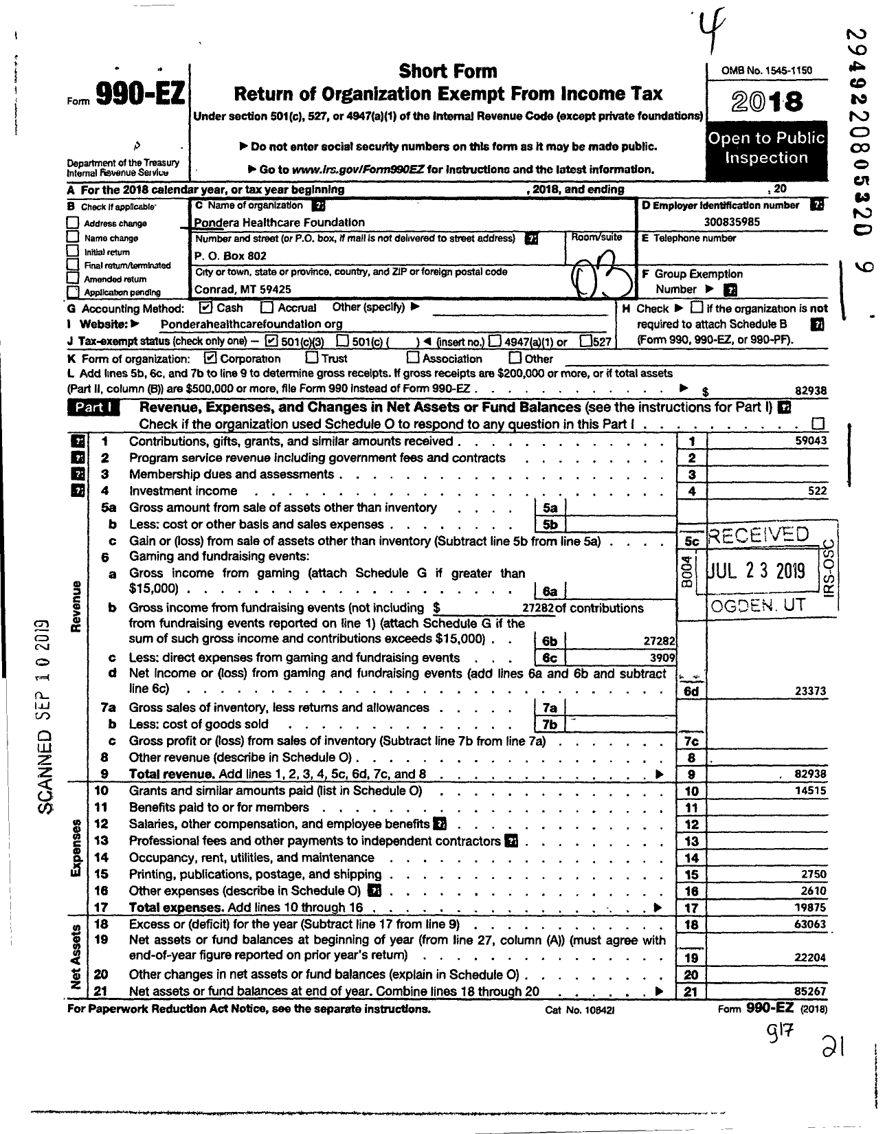 Image of first page of 2018 Form 990EZ for Pondera Healthcare Foundation