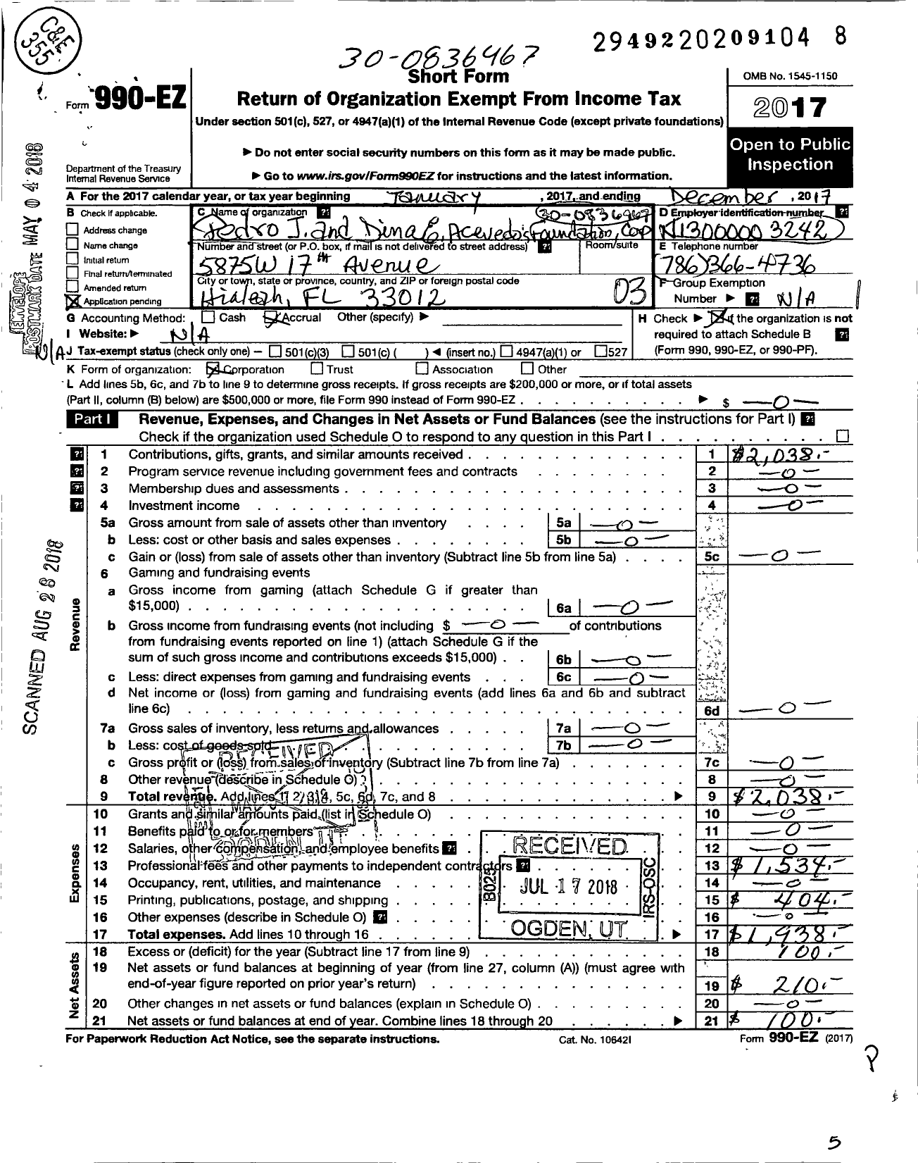 Image of first page of 2017 Form 990EZ for Pedro J and Dina E Acevedos Foundation Corporation