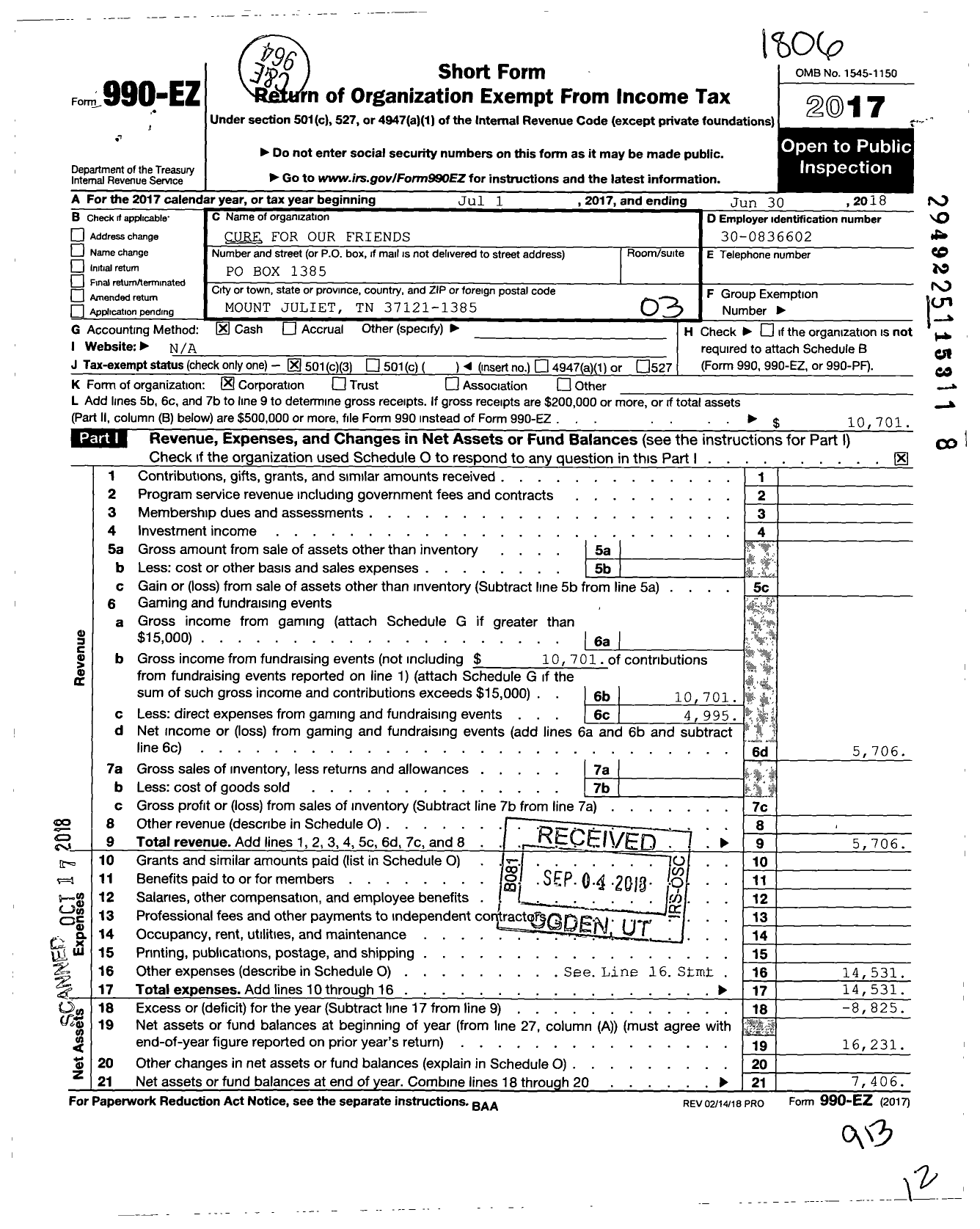 Image of first page of 2017 Form 990EZ for Cure for Our Friends