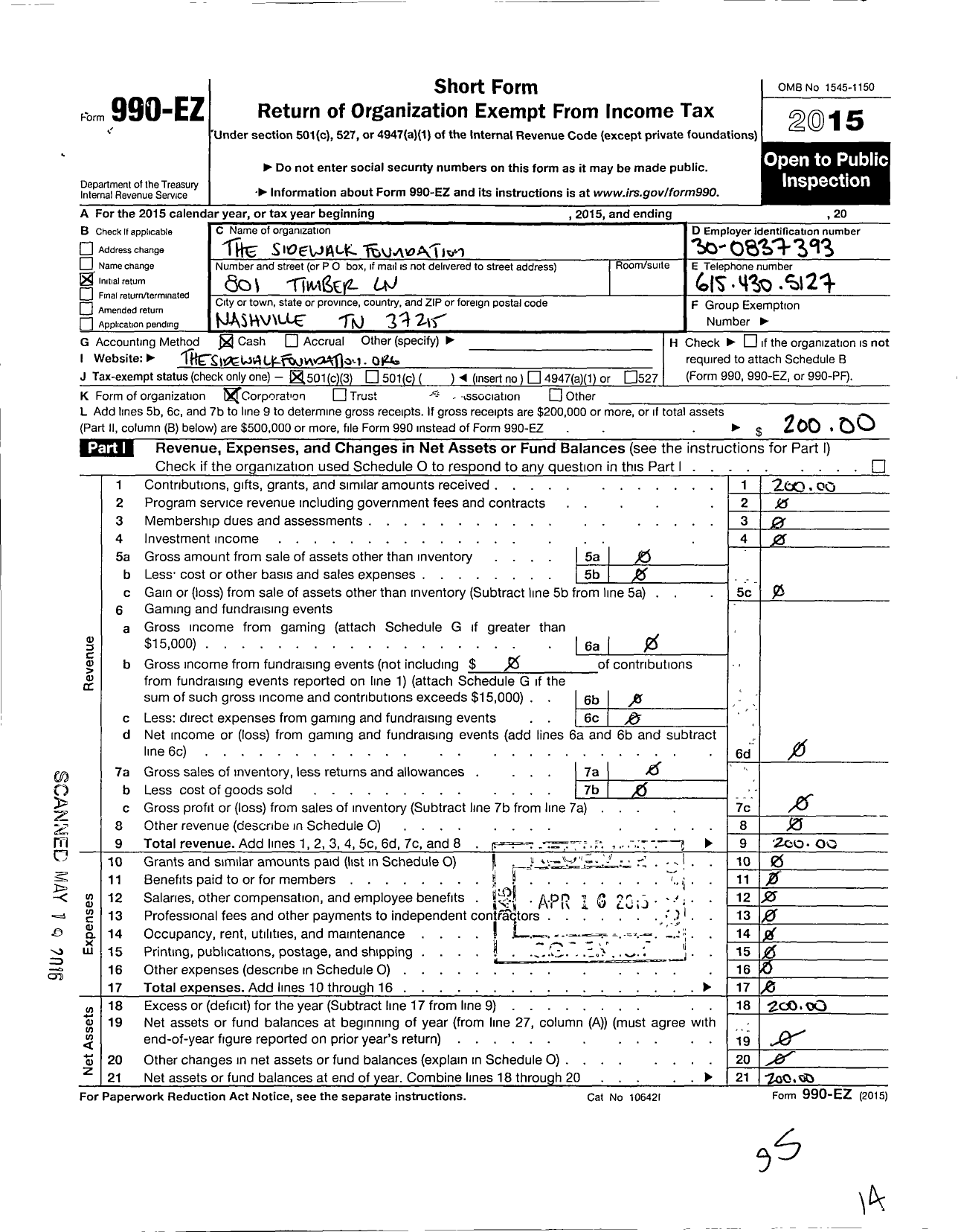 Image of first page of 2015 Form 990EZ for The Sidewalk Foundation