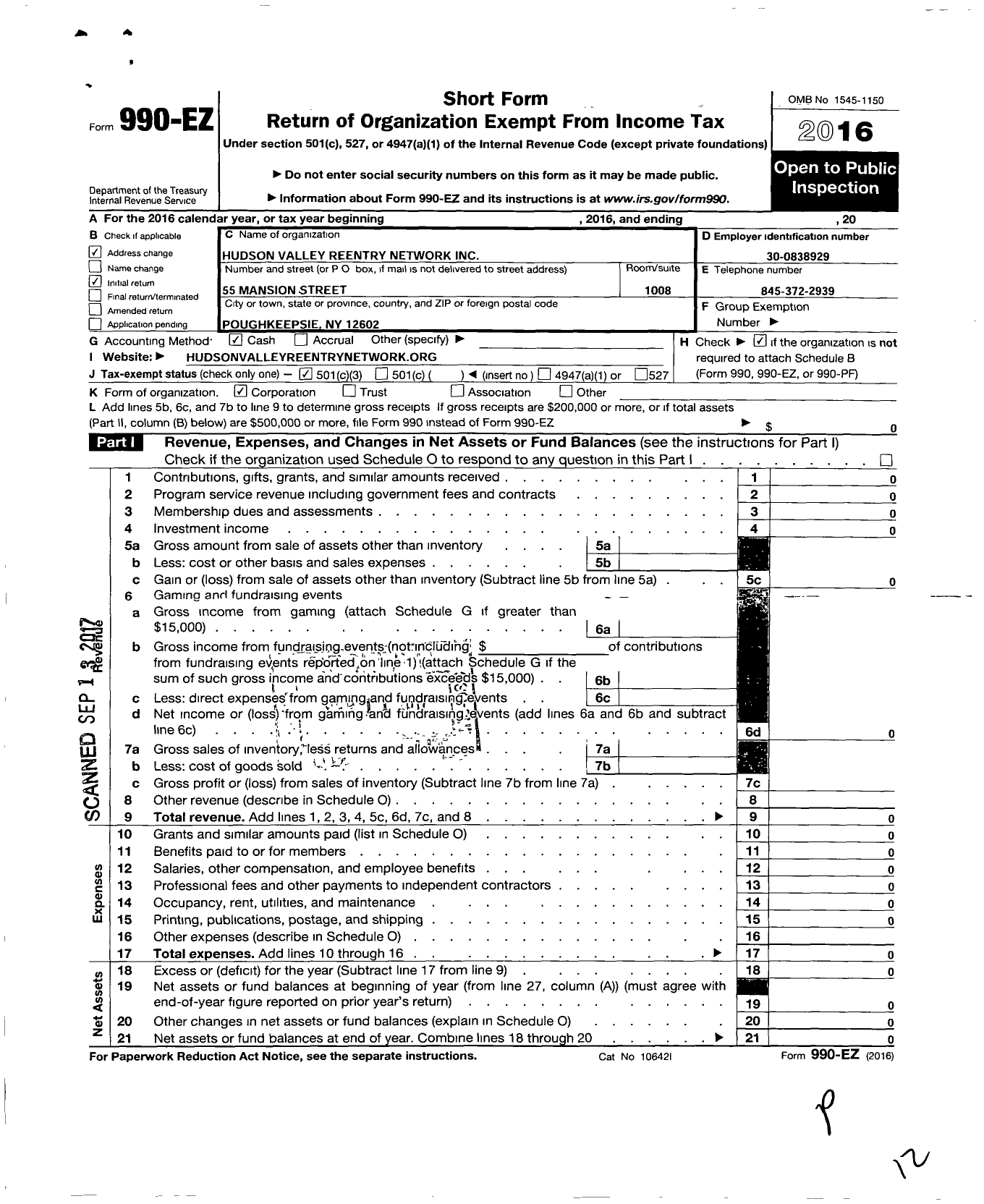 Image of first page of 2016 Form 990EZ for Hudson Valley Reentry Network