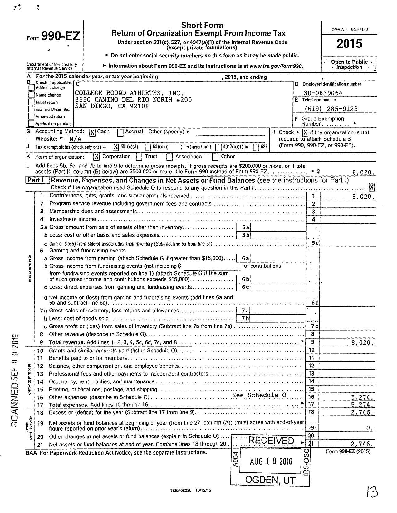 Image of first page of 2015 Form 990EZ for College Bound Athletes