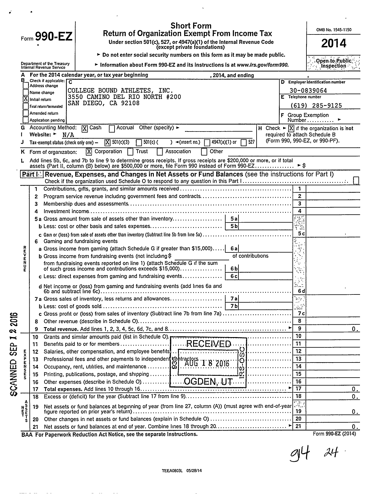 Image of first page of 2014 Form 990EZ for College Bound Athletes