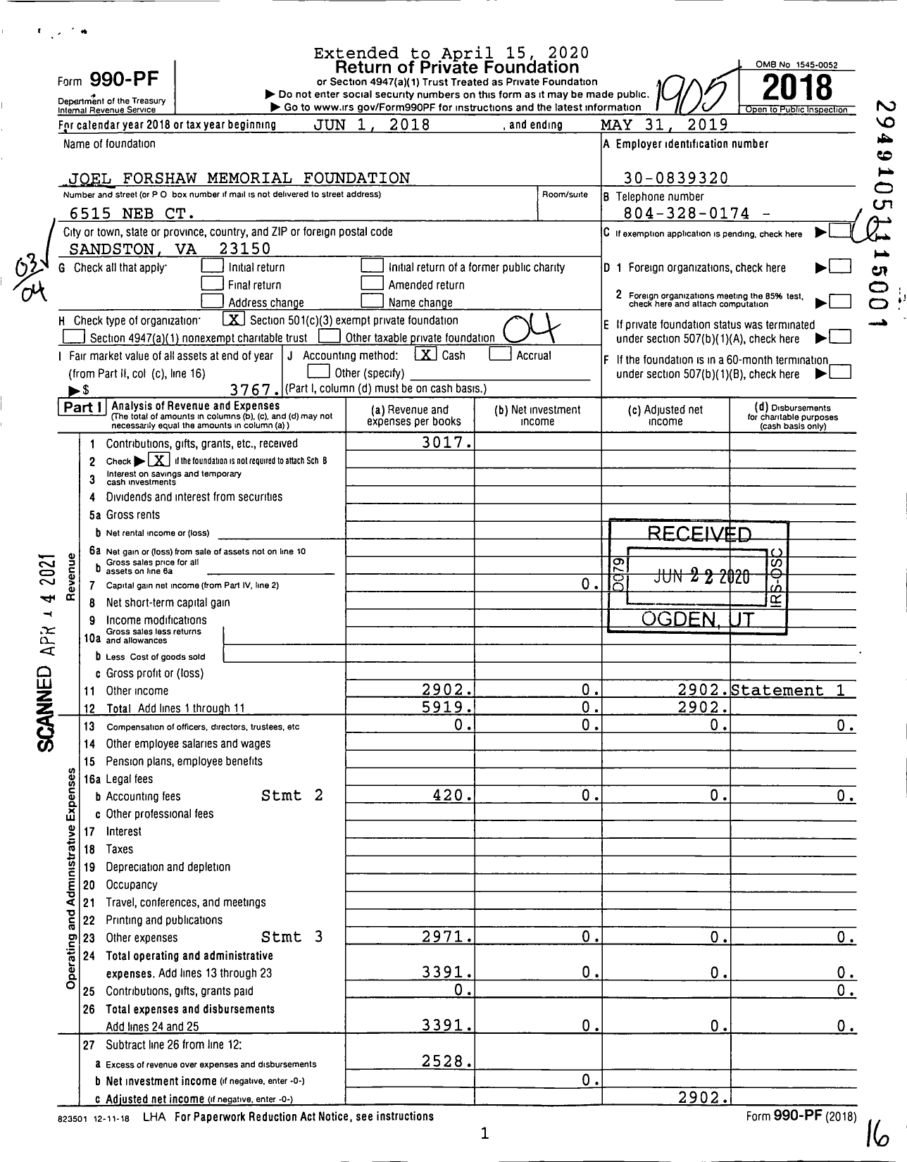 Image of first page of 2018 Form 990PF for Joel Forshaw Memorial Foundation