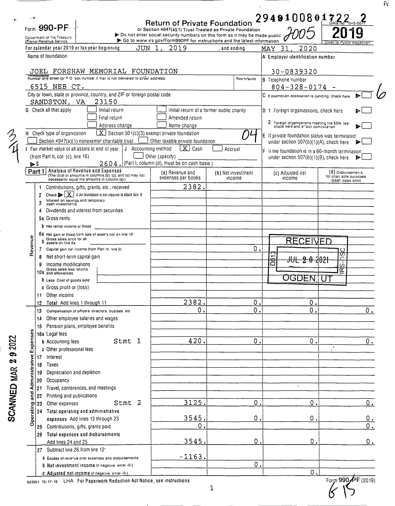 Image of first page of 2019 Form 990PF for Joel Forshaw Memorial Foundation