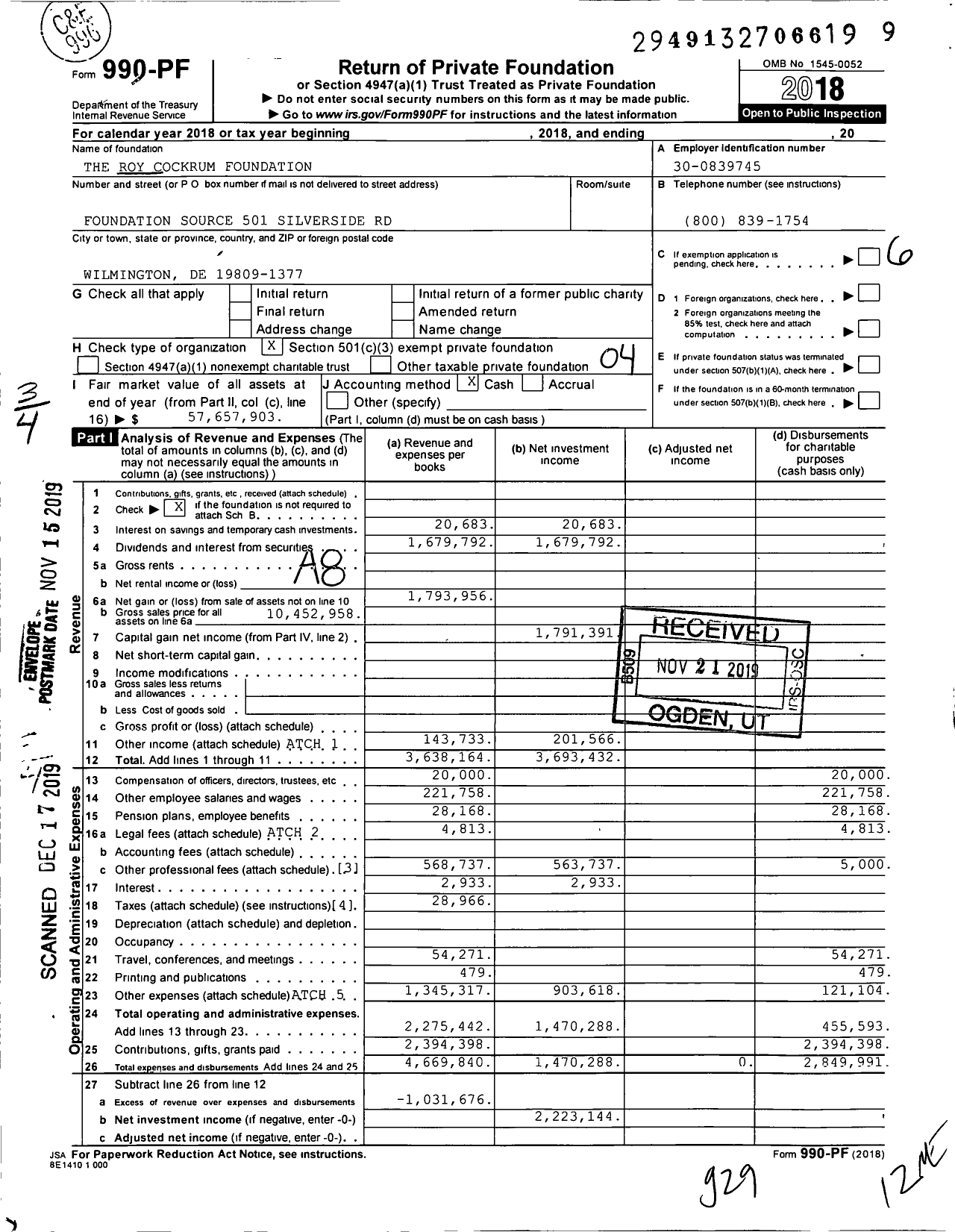 Image of first page of 2018 Form 990PF for Roy Cockrum Foundation