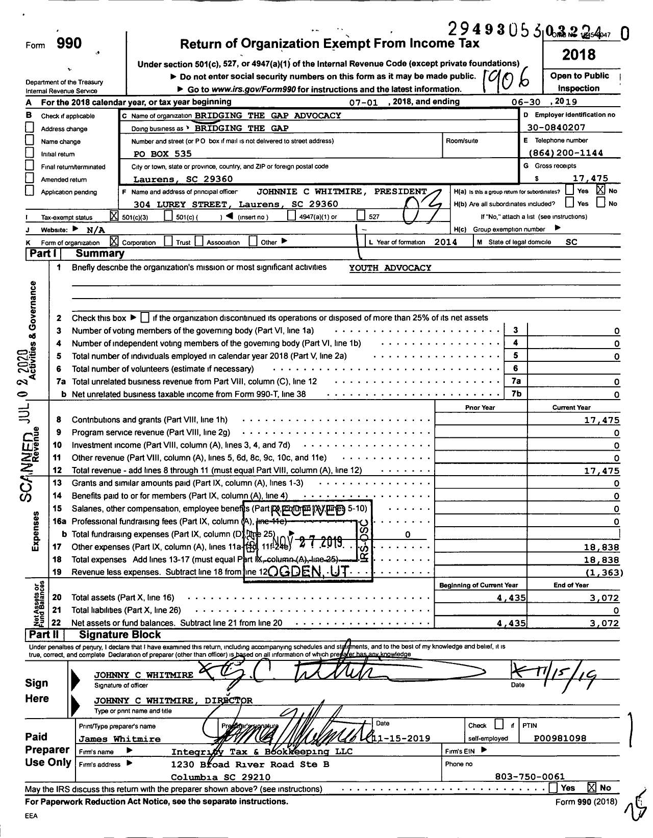 Image of first page of 2018 Form 990 for Bridging the Gap