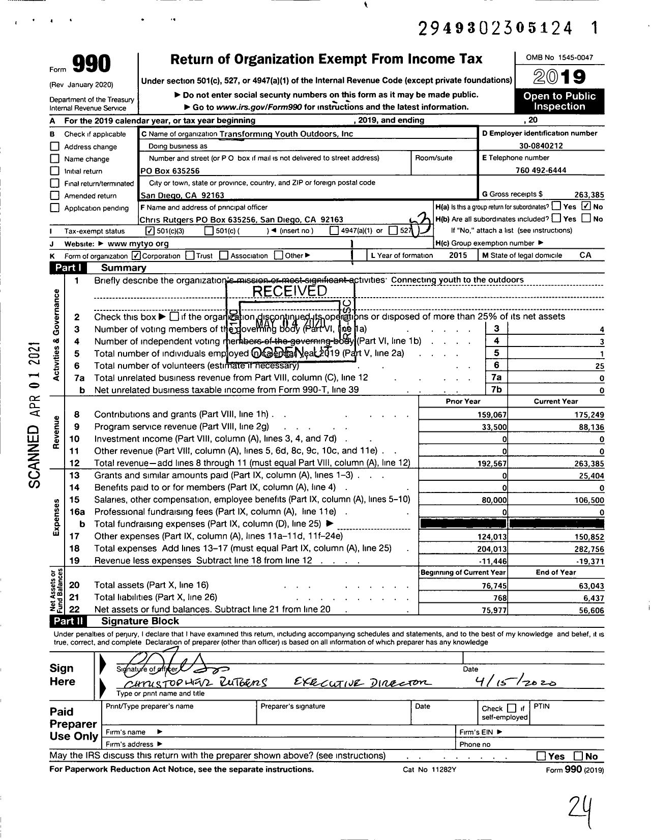 Image of first page of 2019 Form 990 for Transforming Youth Outdoors