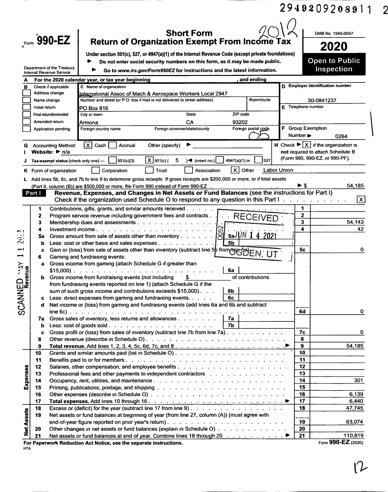 Image of first page of 2020 Form 990EO for International Association of Machinists and Aerospace Workers - 2947 Local Lodge