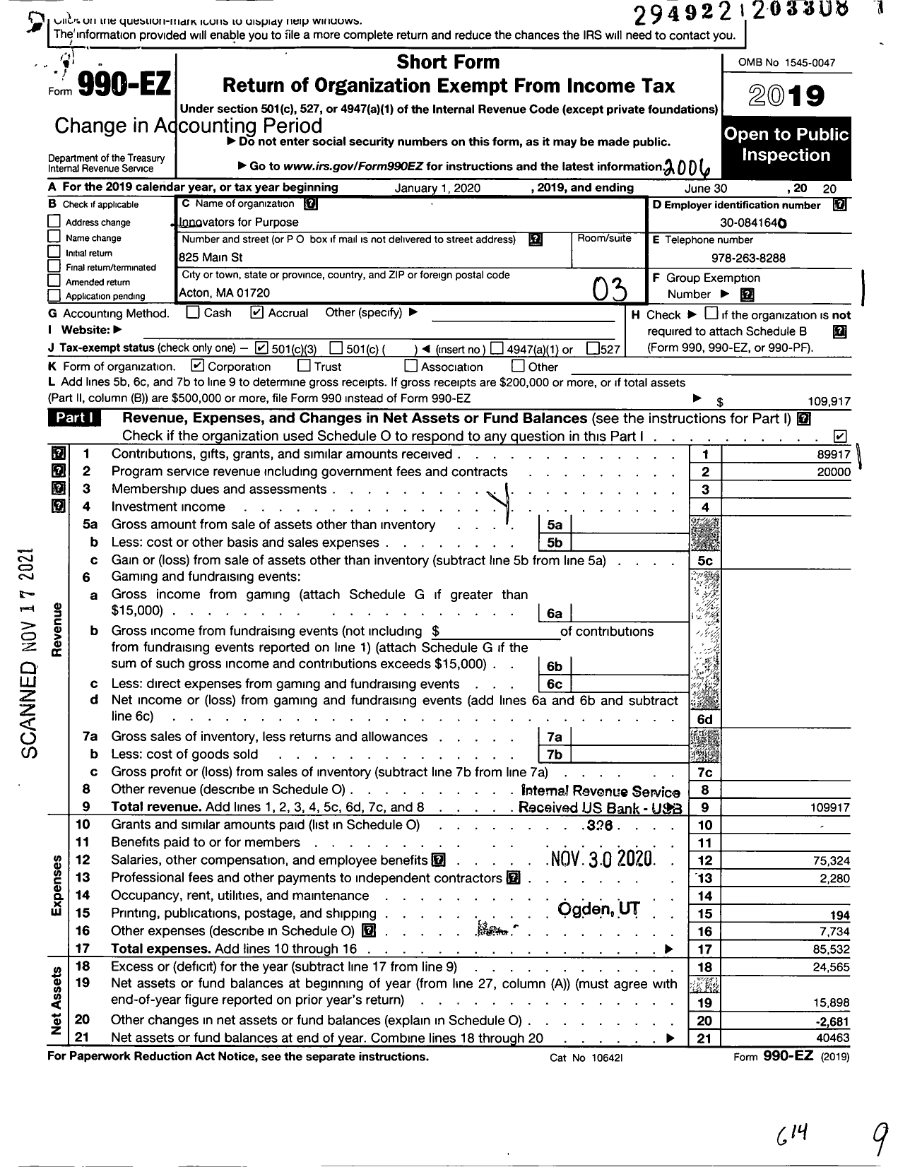 Image of first page of 2019 Form 990EZ for Innovators for Purpose