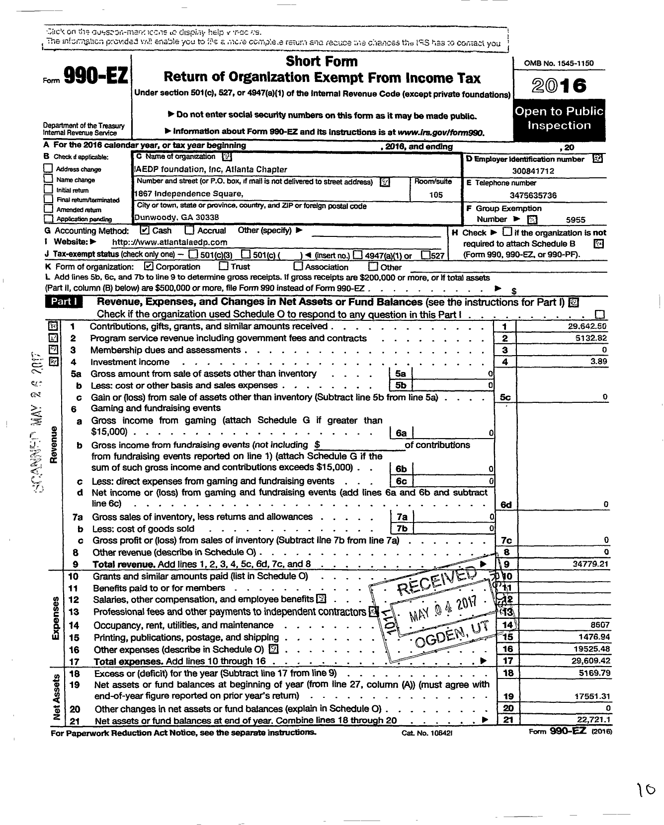 Image of first page of 2016 Form 990EO for International Association of Eating Disorders Professionals Foundati