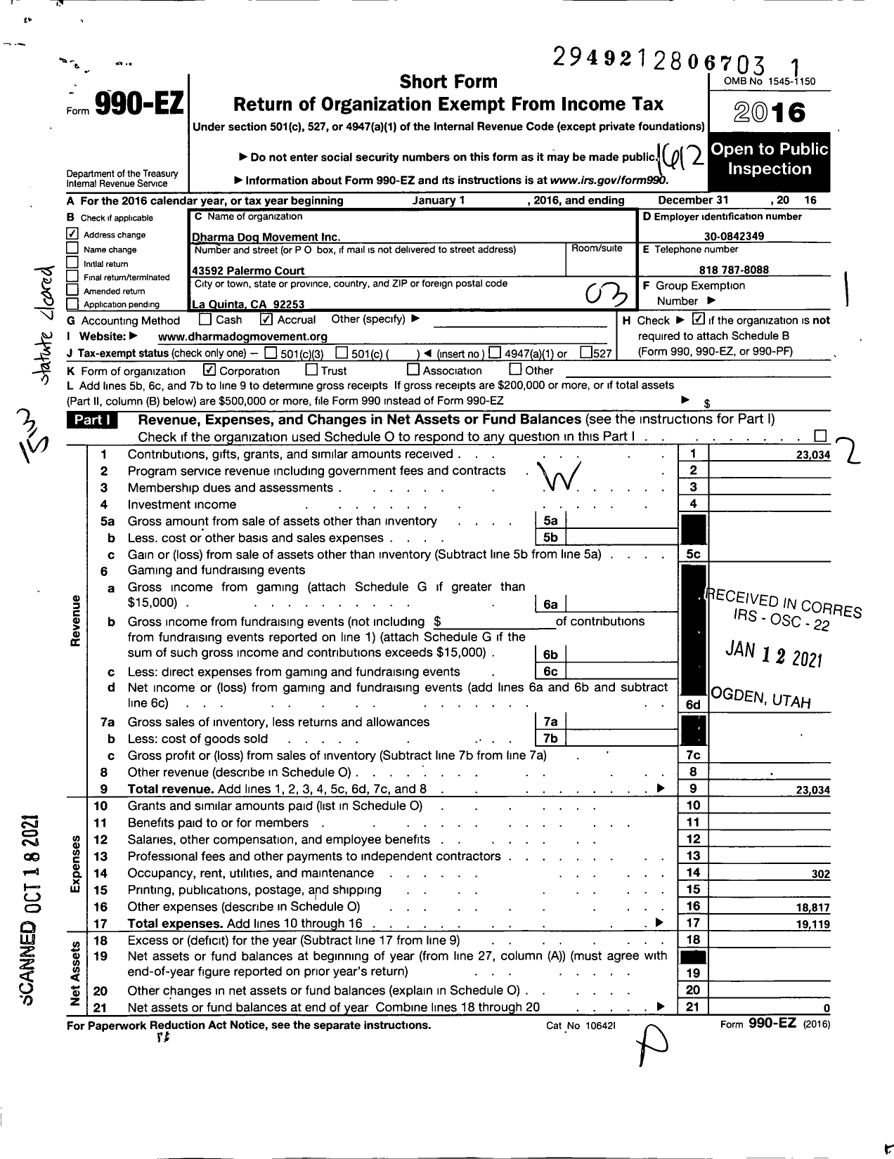 Image of first page of 2016 Form 990EZ for Dharma Dog Movement