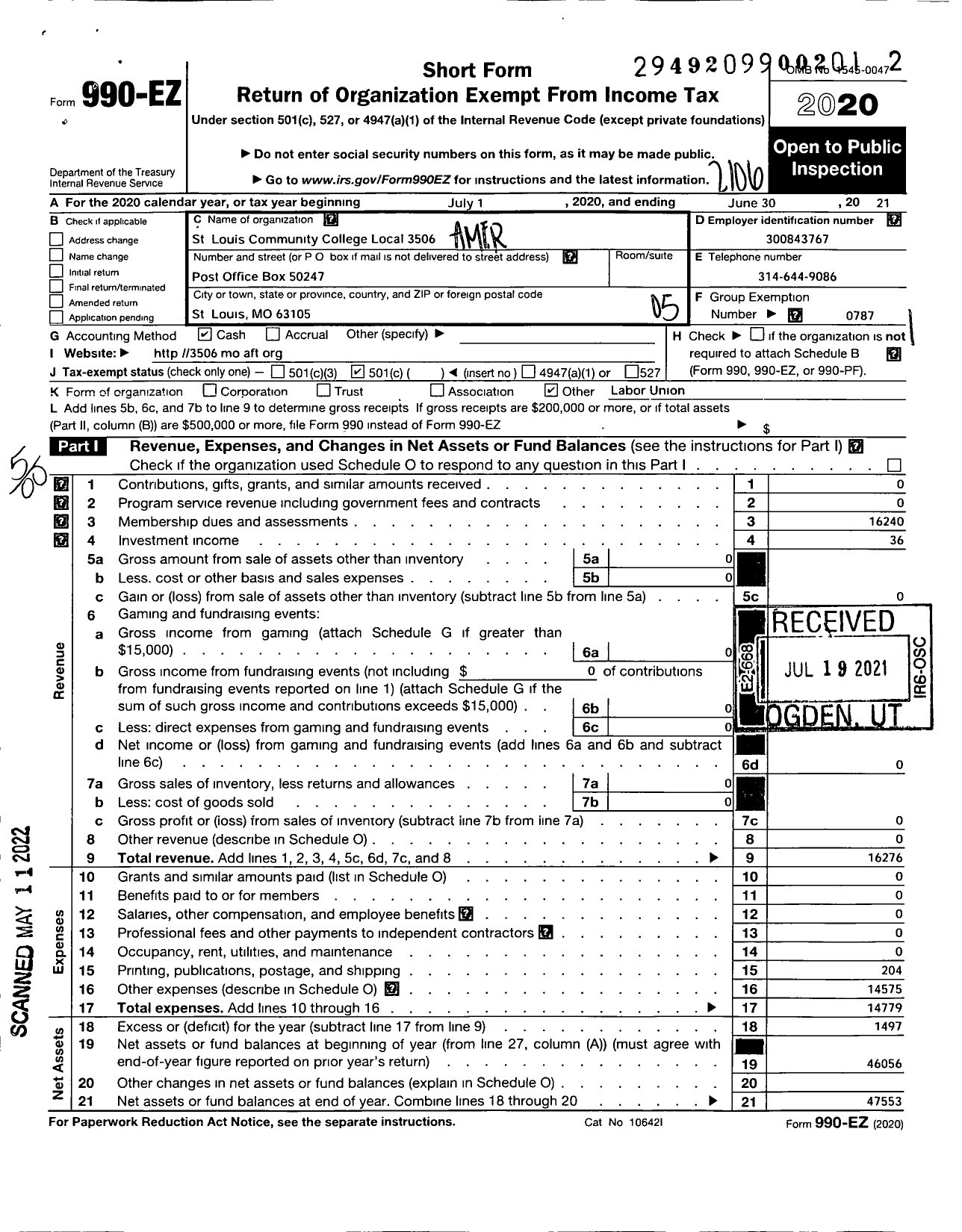 Image of first page of 2020 Form 990EO for American Federation of Teachers - 3506 St Louis Community College