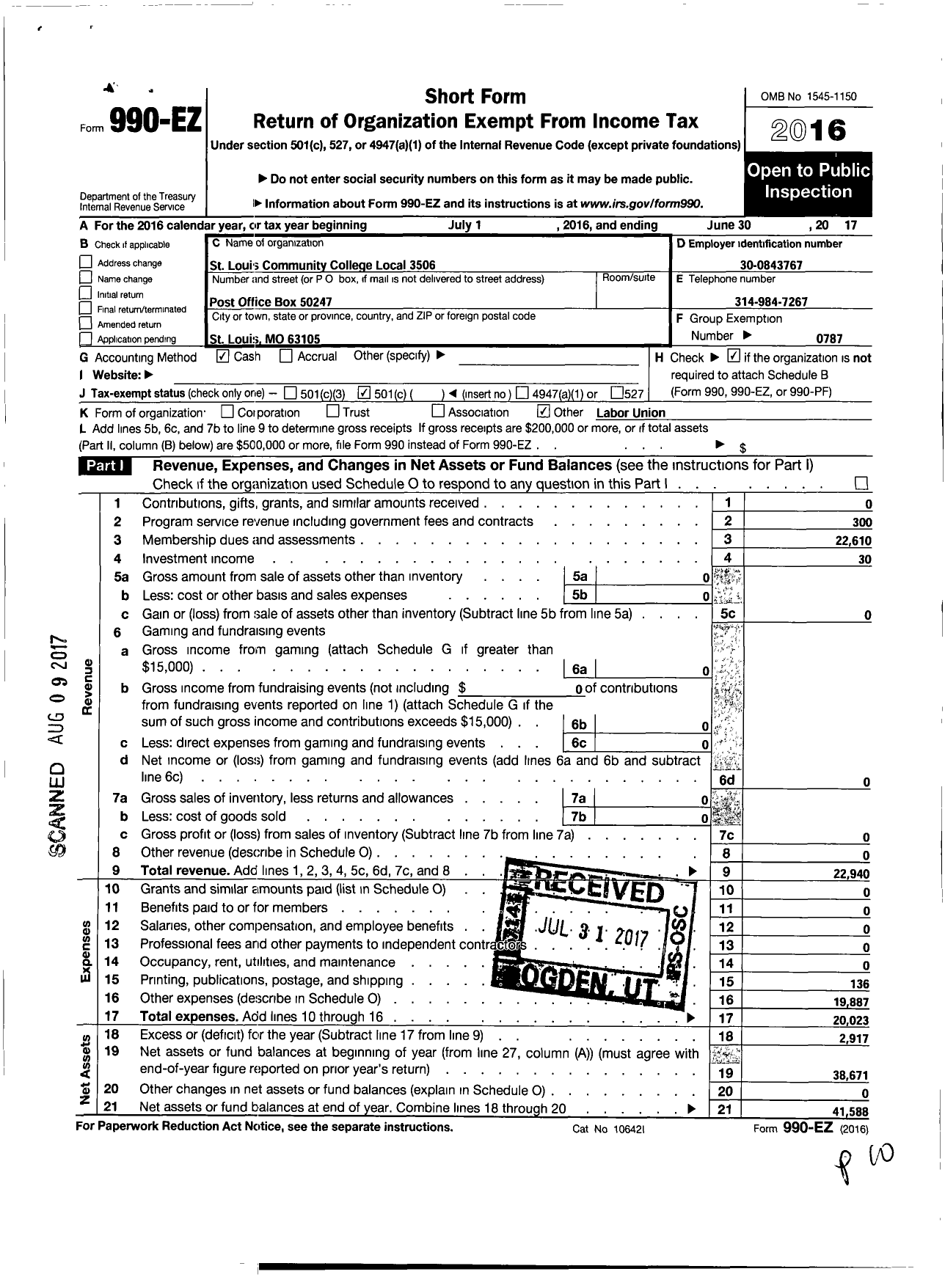 Image of first page of 2016 Form 990EO for American Federation of Teachers - 3506 St Louis Community College