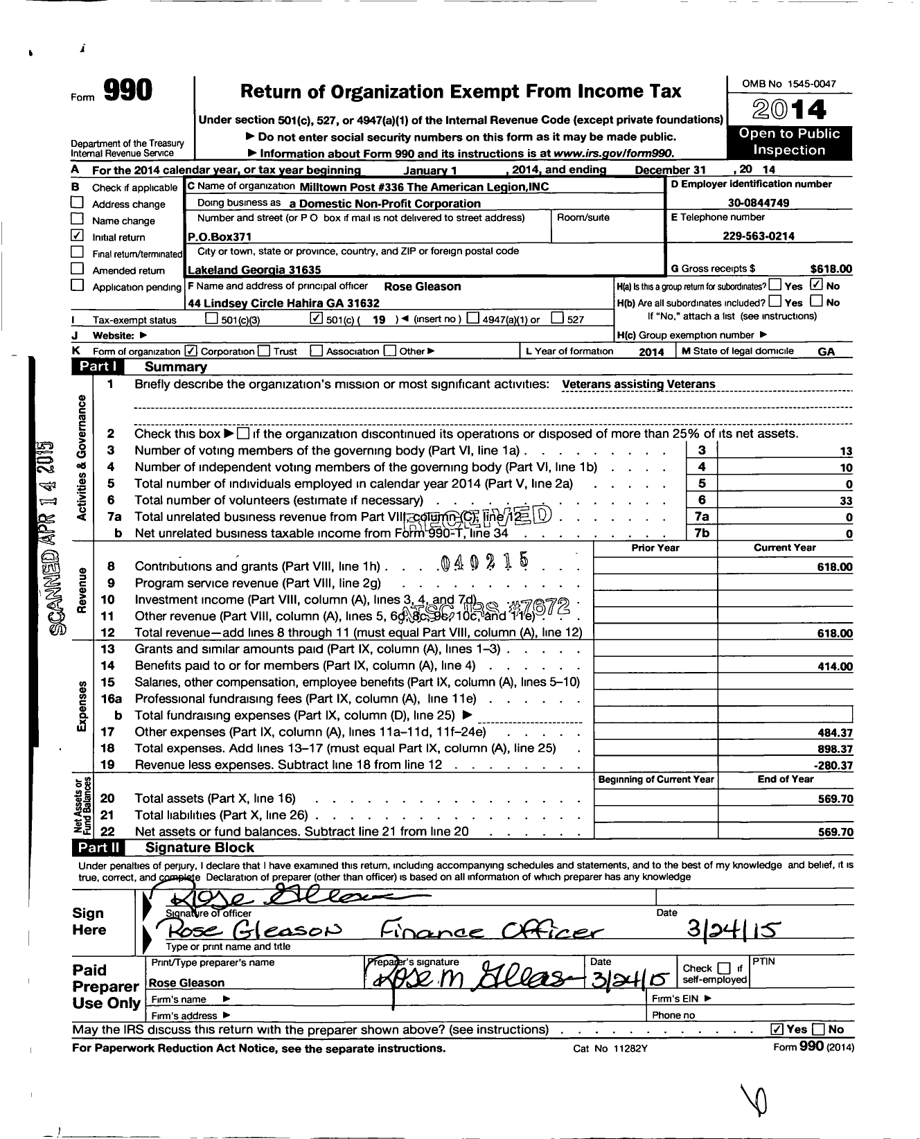 Image of first page of 2014 Form 990O for American Legion - 0336 Milltown