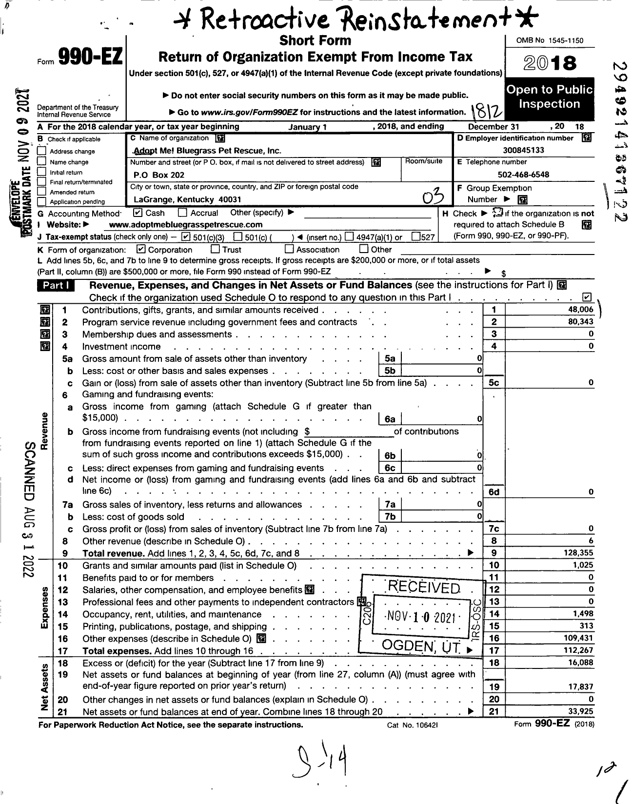 Image of first page of 2018 Form 990EZ for Adopt Me Bluegrass Pet Rescue