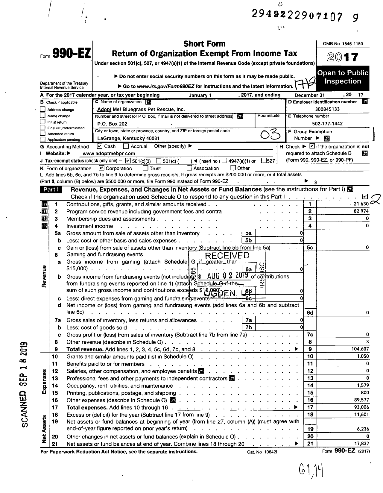 Image of first page of 2017 Form 990EZ for Adopt Me Bluegrass Pet Rescue