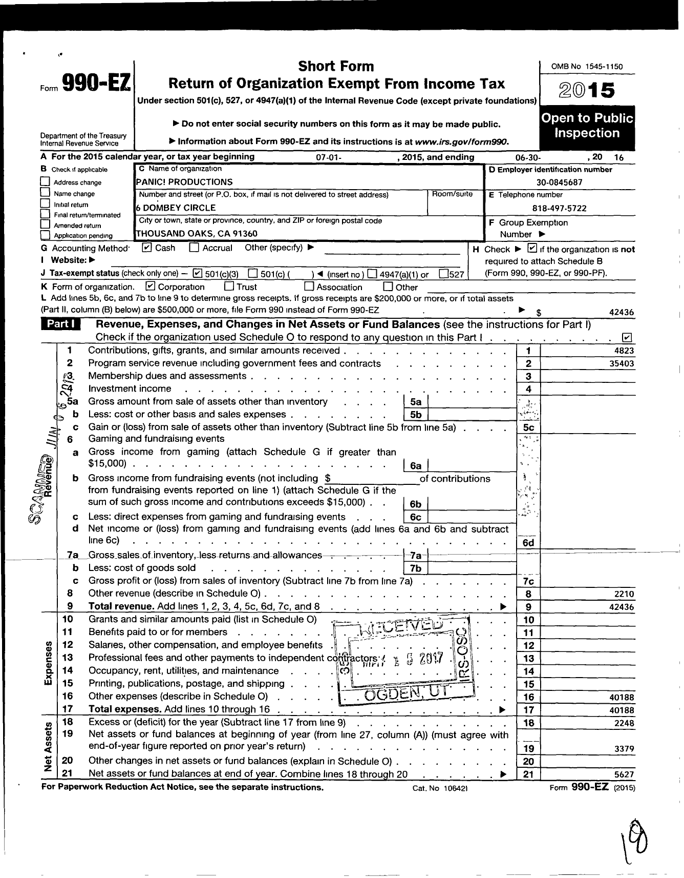 Image of first page of 2015 Form 990EZ for Panic Productions