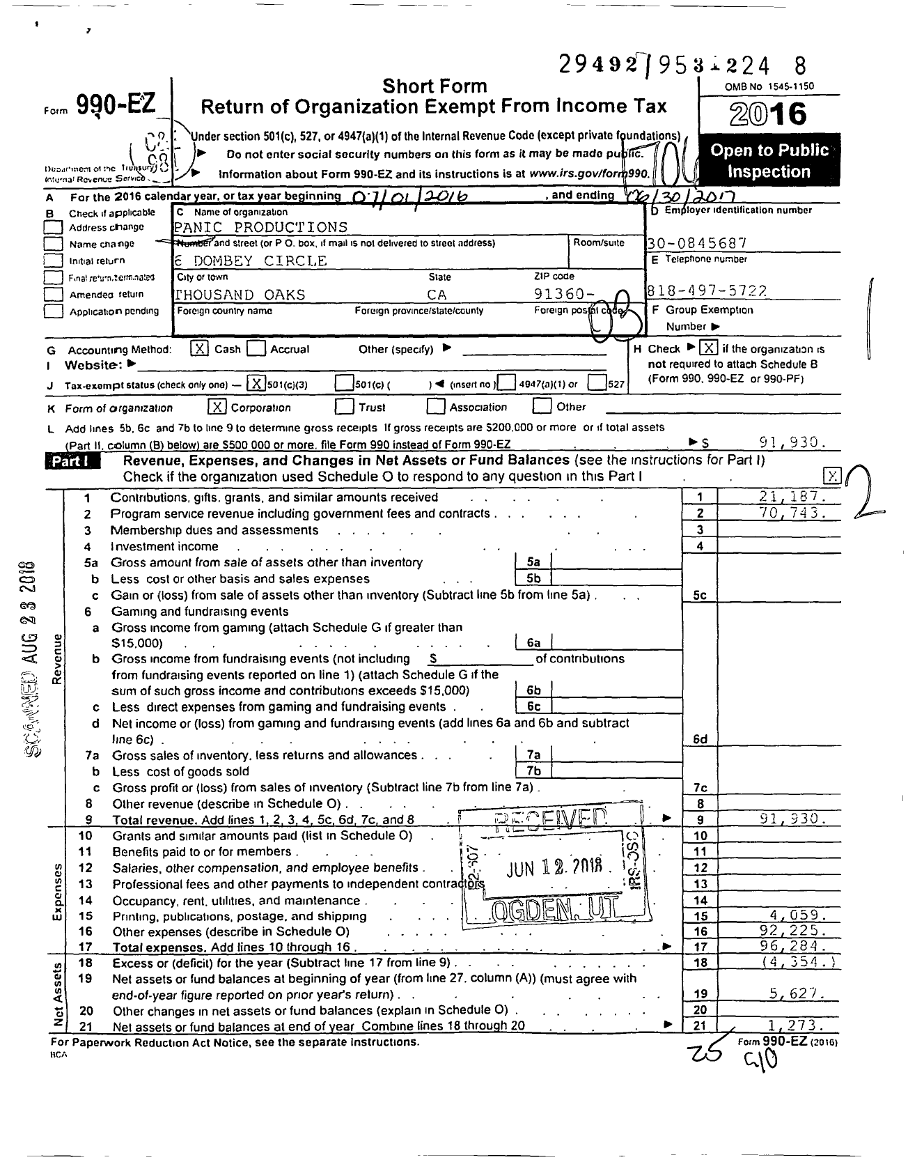 Image of first page of 2016 Form 990EZ for Panic Productions