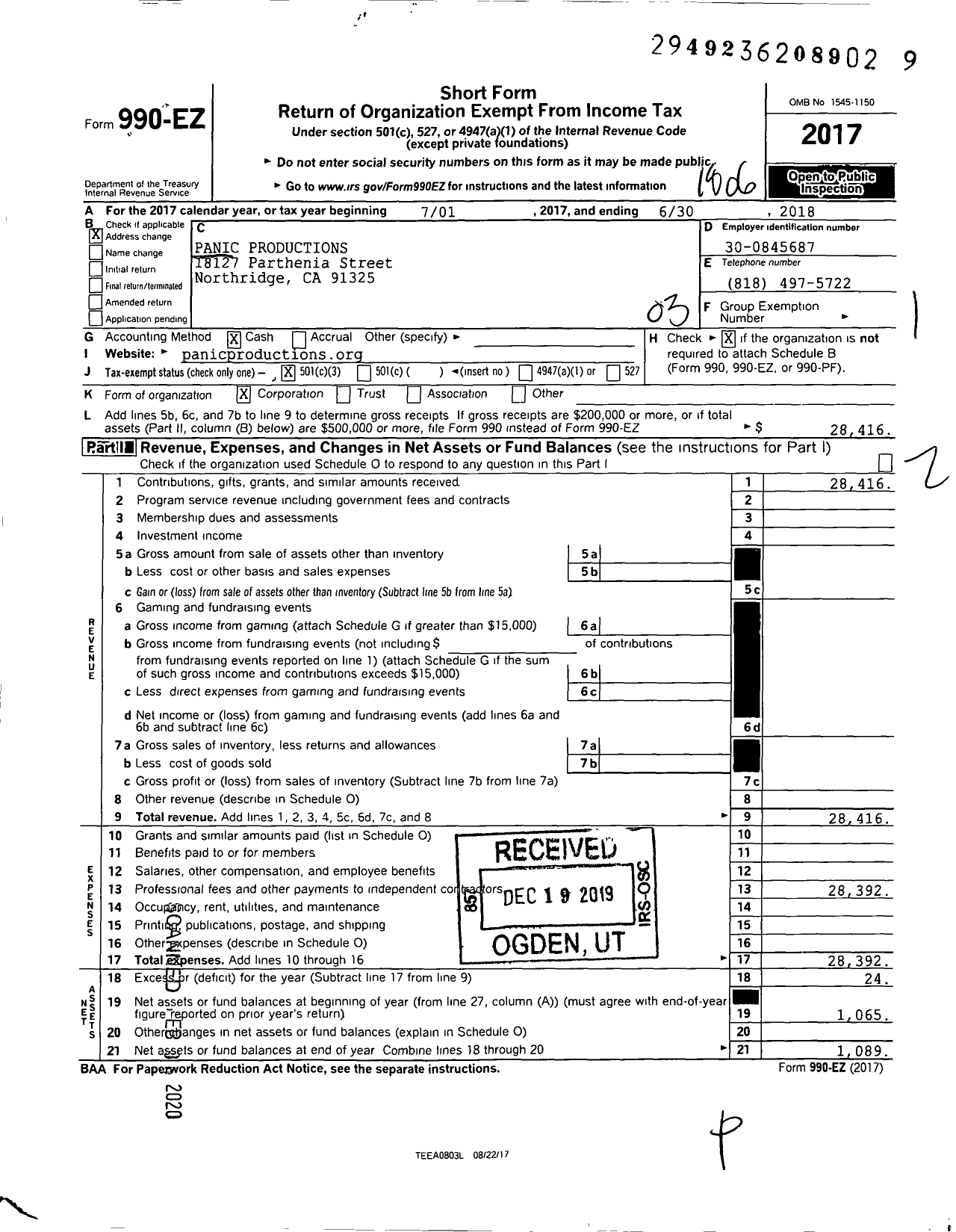 Image of first page of 2017 Form 990EZ for Panic Productions