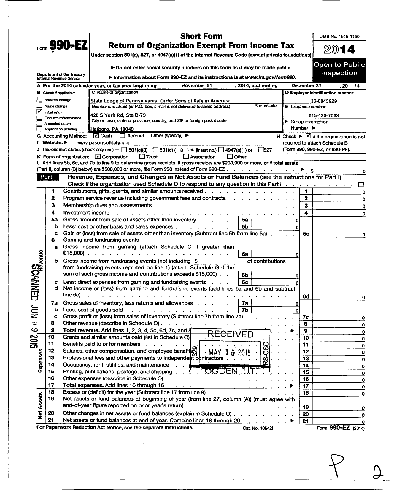 Image of first page of 2014 Form 990EO for Order Sons and Daughters of Italy in America - 9024 State Lodge of Pennsylvaia