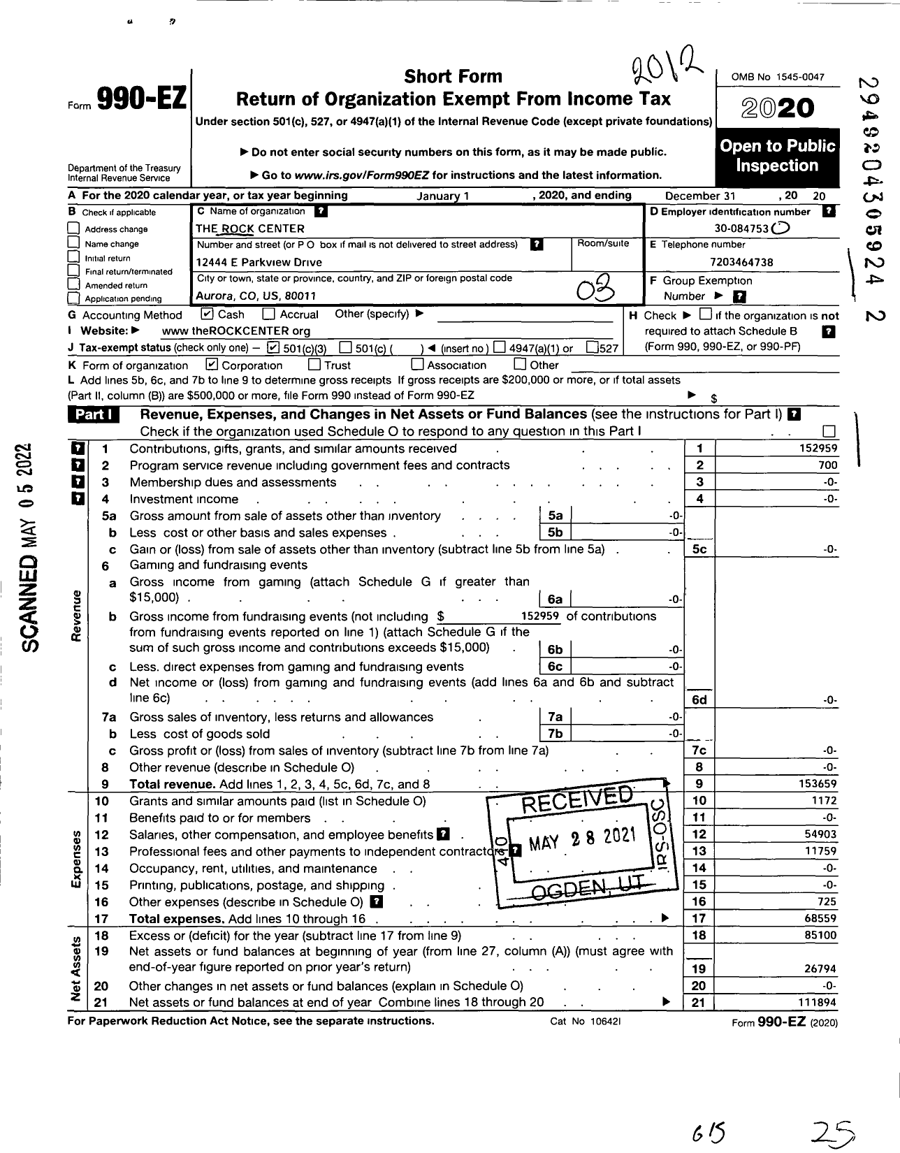 Image of first page of 2020 Form 990EZ for The ROCK Center