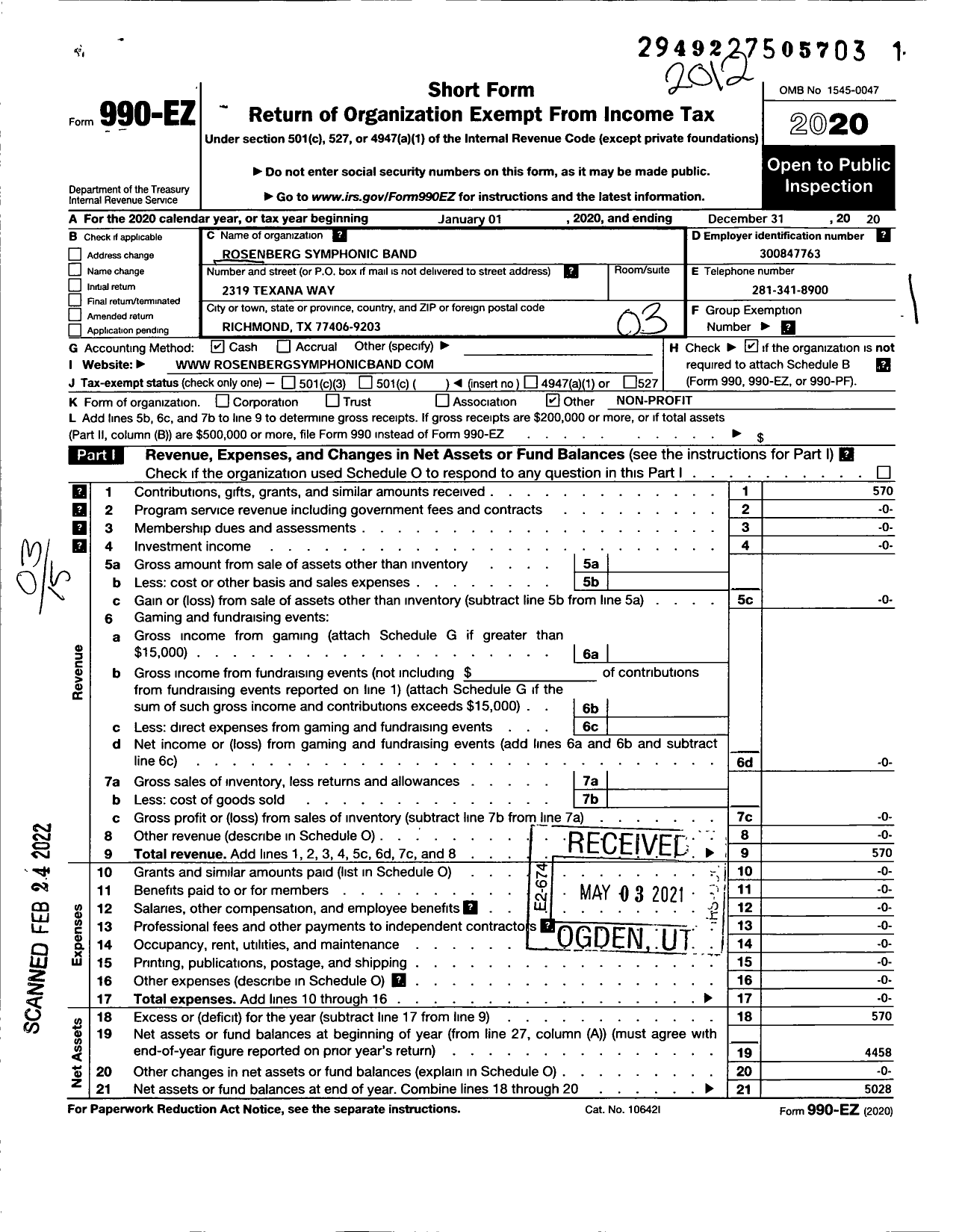 Image of first page of 2020 Form 990EZ for Rosenberg Symphonic Band