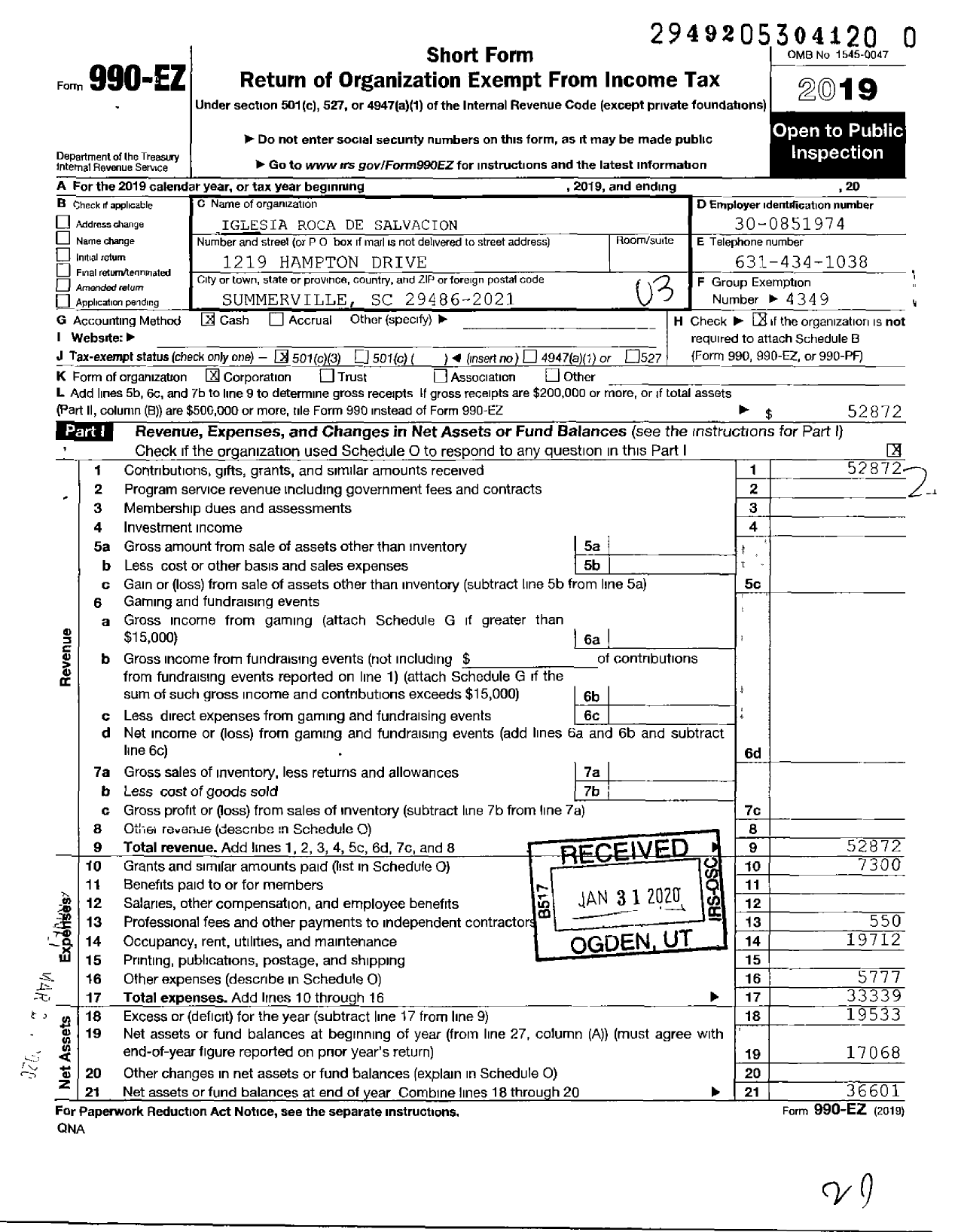 Image of first page of 2019 Form 990EZ for Iglesia Roca de Salvacion