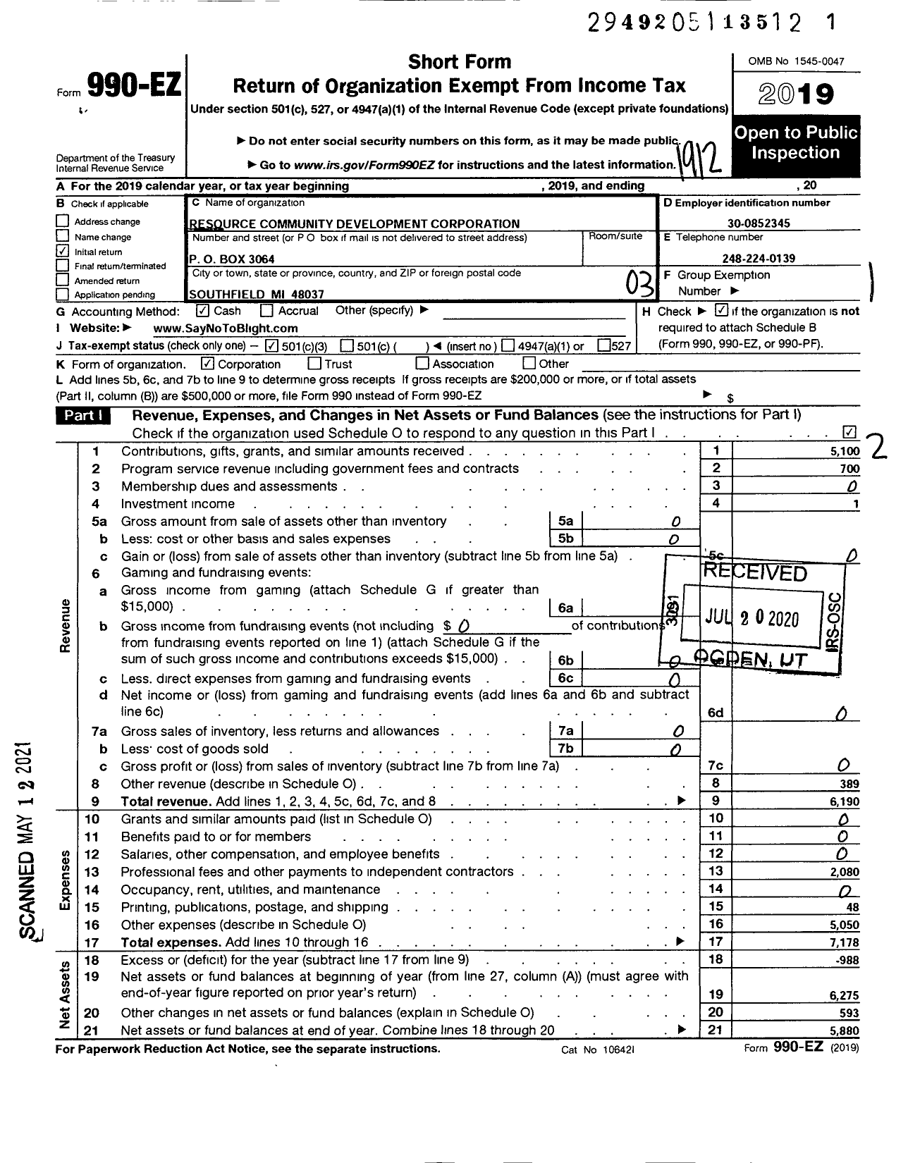 Image of first page of 2019 Form 990EZ for Resource Community Development Corporation